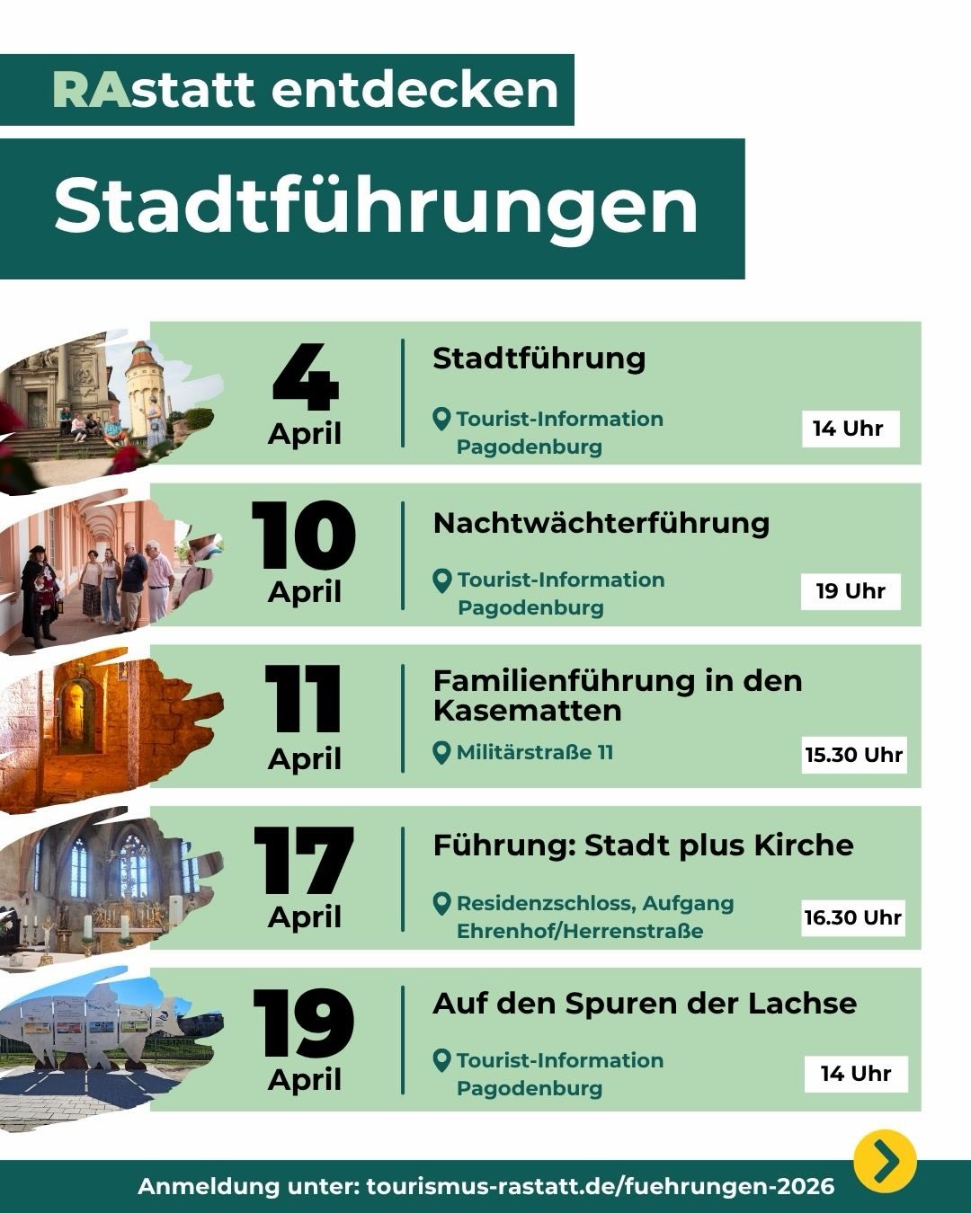 Dieser Alternativtext wurde KI-generiert: Ein farbiges Plakat bewirbt Stadtführungen an verschiedenen Tagen im April. Es enthält Datum, Uhrzeit und Ort der jeweiligen Führung.