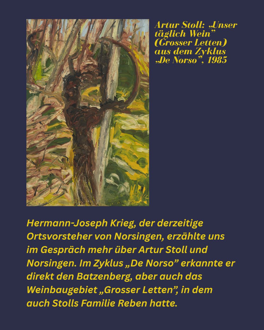 Dieser Alternativtext wurde KI-generiert: Schwarz-Weiß-Foto eines Gemäldes mit abstrakten Pinselstrichen in Gelb-, Grün- und Brauntönen. Darunter befindet sich Text in deutscher Sprache.