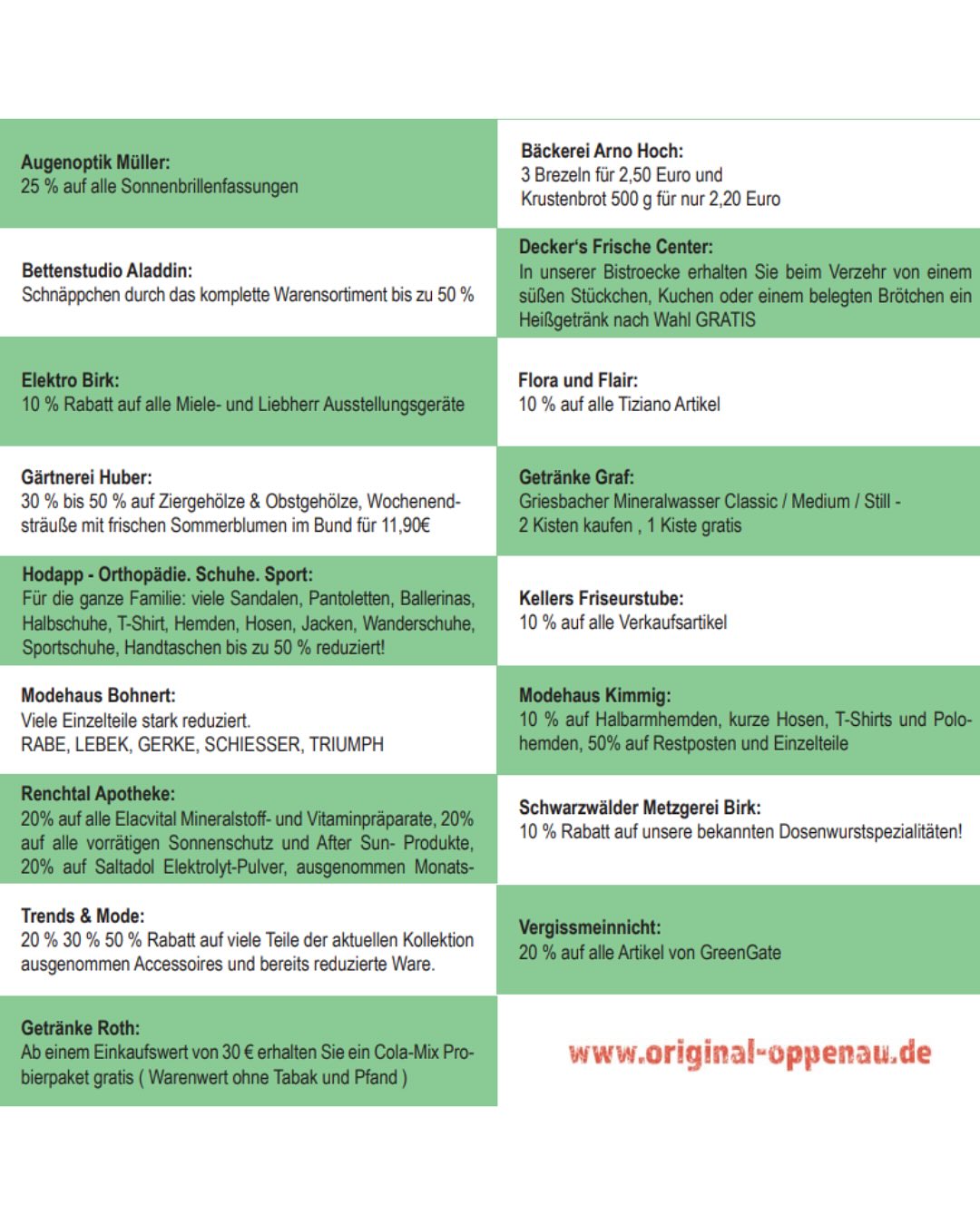 Es ist eine Liste mit verschiedenen Geschäften und ihren Angeboten in Oppenau. Die Angebote beziehen sich auf verschiedene Produktkategorien.