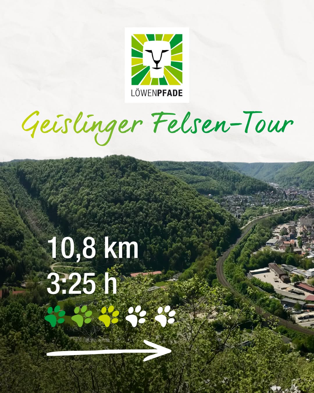 Grafik zur Geislinger Felsen-Tour mit dem Logo Löwenpfade oben. Im Hintergrund eine bewaldete Landschaft mit Tal und Bahnstrecke. Unten links stehen die Angaben 10,8 km und 3:25 h, gefolgt von fünf Pfotenabdrücken und einem weißen Pfeil nach rechts. (KI-Alternativtext)