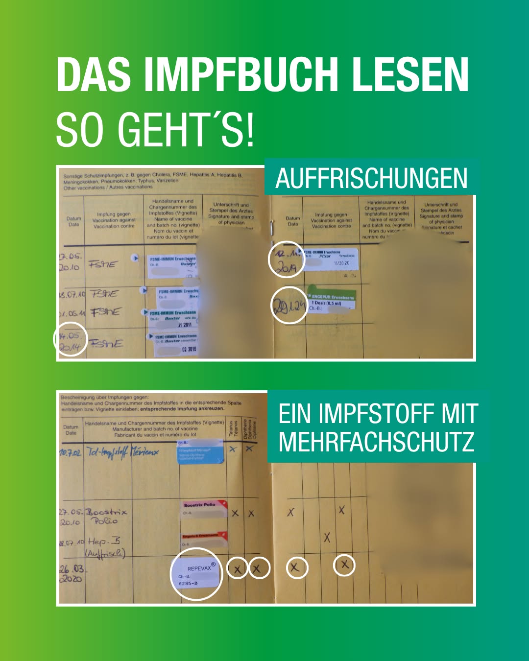 Dieser Alternativtext wurde KI-generiert: Schwarz-weißes Informationsblatt zum Thema Impfungen. Es zeigt verschiedene Impfdaten und -empfehlungen in tabellarischer Form.