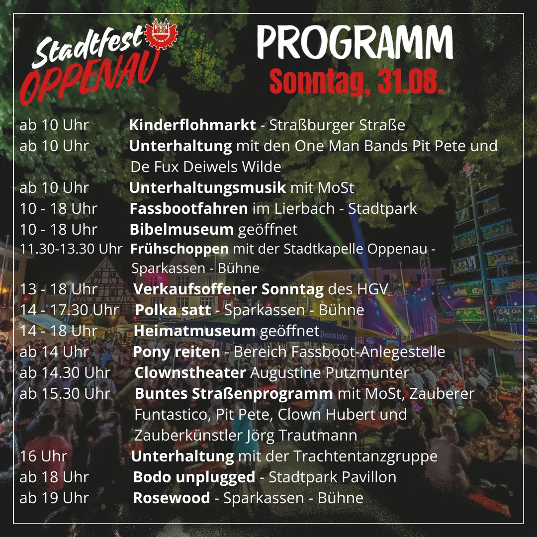 Ein farbiges Plakat zeigt das Programm eines Stadtfestes mit verschiedenen Veranstaltungen und Uhrzeiten. Im Hintergrund ist eine bunte Kulisse mit Lichtern zu sehen.