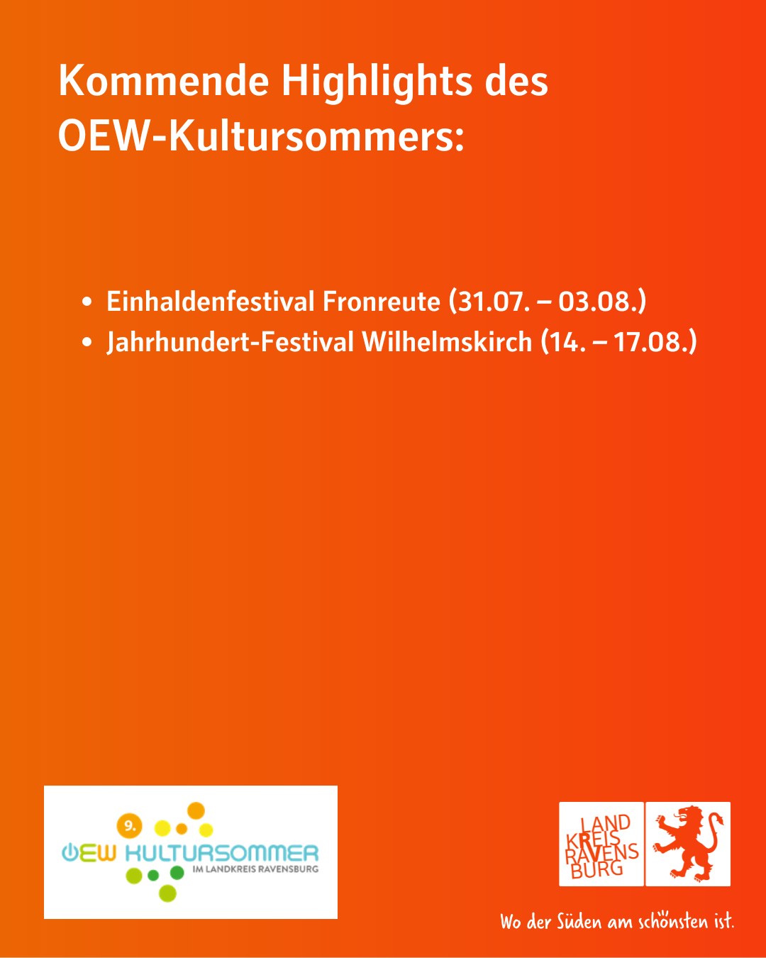 Das Bild ist ein farbenfroher Flyer, der für zwei Festivals wirbt. Der Text hebt kommende Highlights hervor.