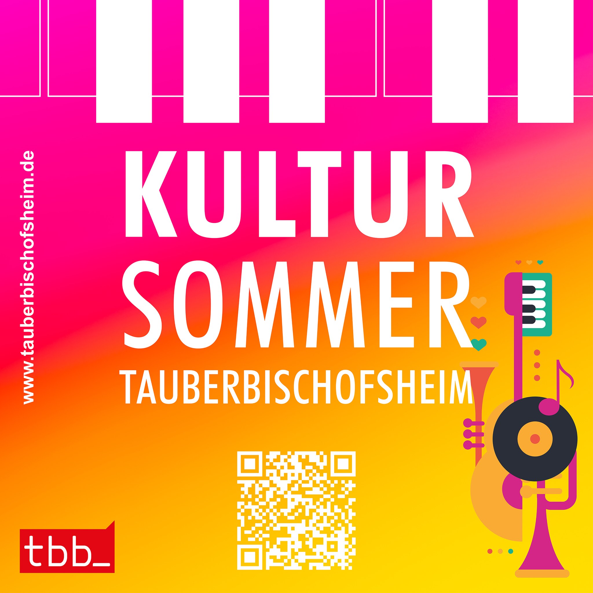 Ein gelber und pinkfarbener KulturSommer-Flyer mit QR-Code und musikalischen Motiven.