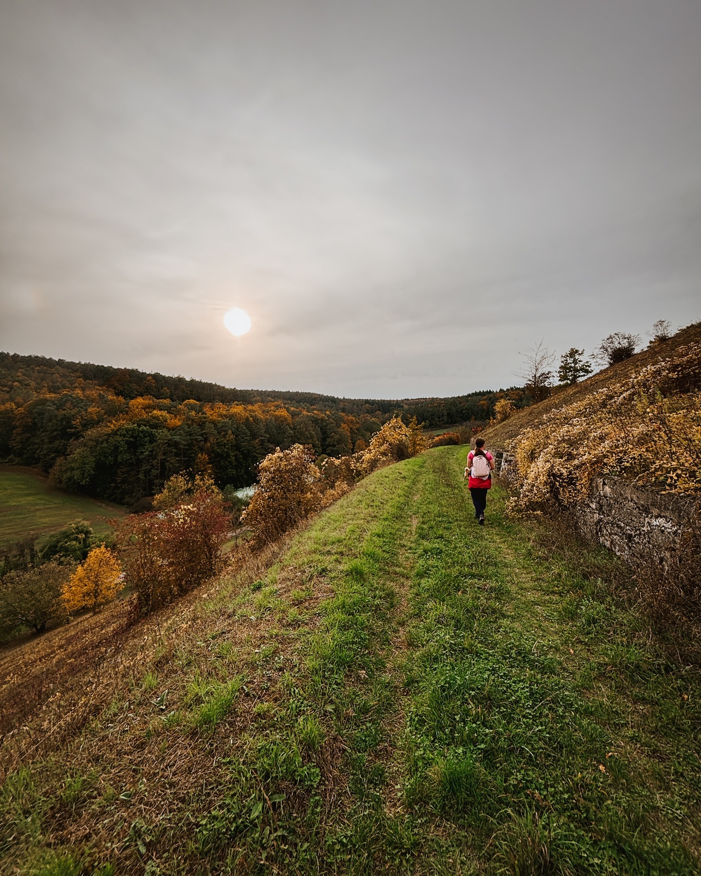 Eine Person wandert auf einem grasbewachsenen Weg entlang eines Hügels mit herbstlicher Landschaft im Hintergrund.