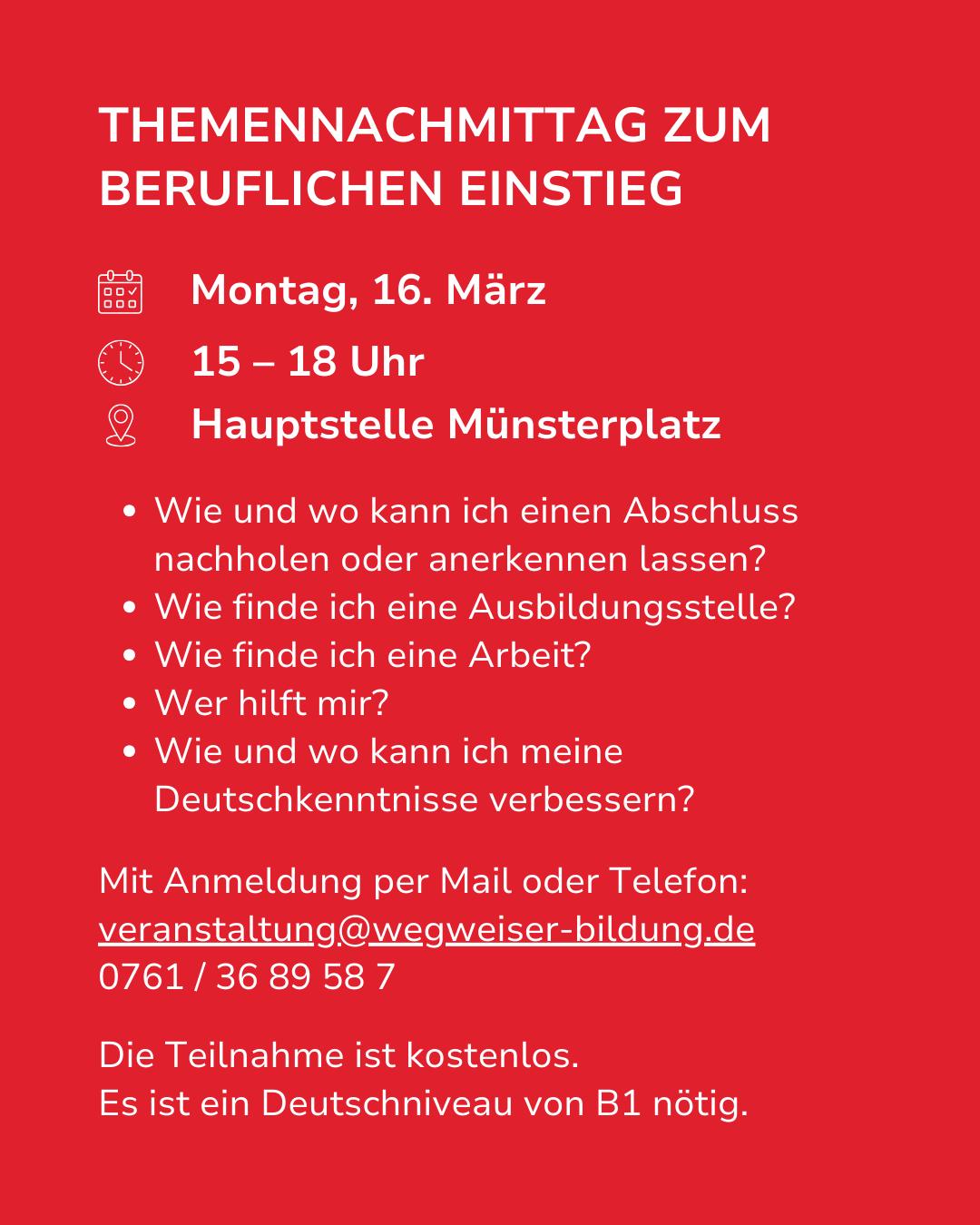 Dieser Alternativtext wurde KI-generiert: Ein roter Hintergrund mit weißem Text kündigt ein Informationsevent zum Thema Berufseinstieg an. Es sind Datum, Uhrzeit, Ort und Themen sowie Kontaktinformationen angegeben.