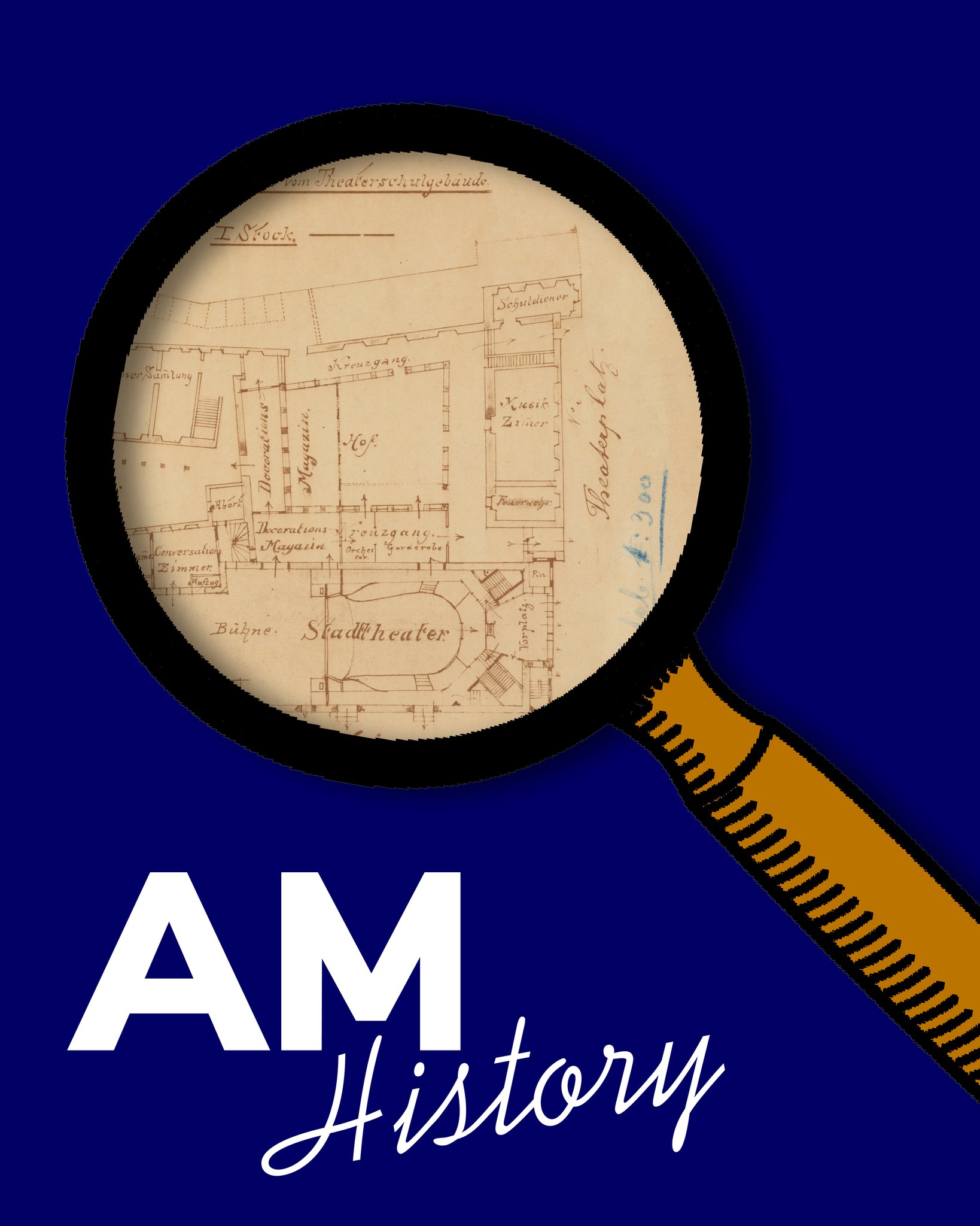 Dieser Alternativtext wurde KI-generiert: Schwarz-weißes Bild einer vergrößerten architektonischen Zeichnung durch eine Lupe. Im Vordergrund sind große, weiße Buchstaben zu sehen.