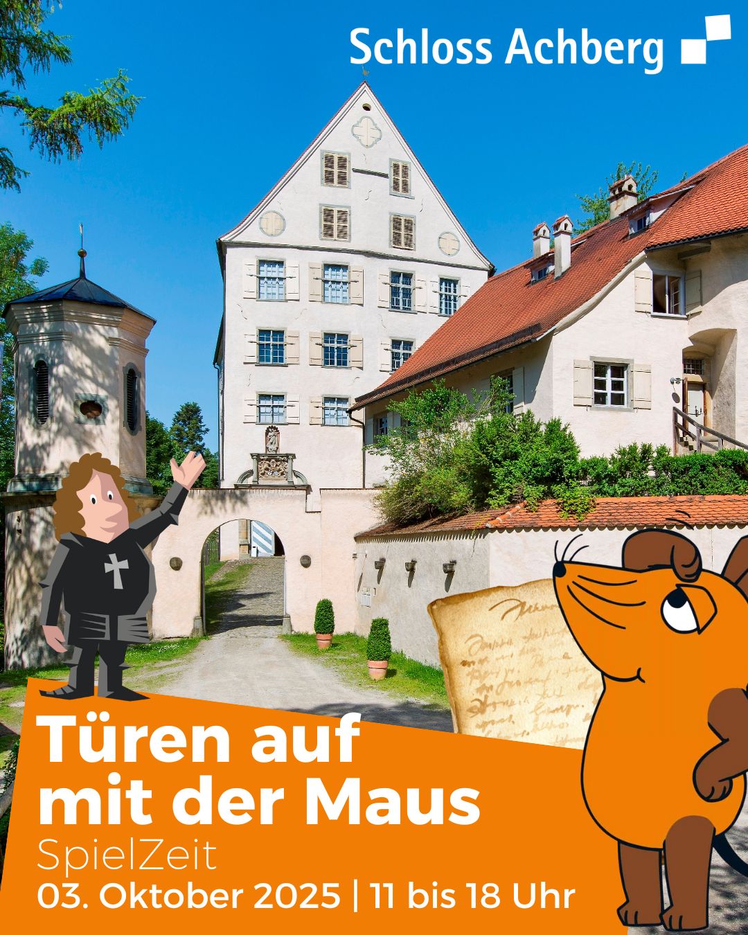 Dieser Alternativtext wurde KI-generiert: Ein farbiges Bild zeigt ein Gebäude mit Türmen und vielen Fenstern. Im Vordergrund befinden sich stilisierte Figuren und Werbeaufschriften für eine Veranstaltung.