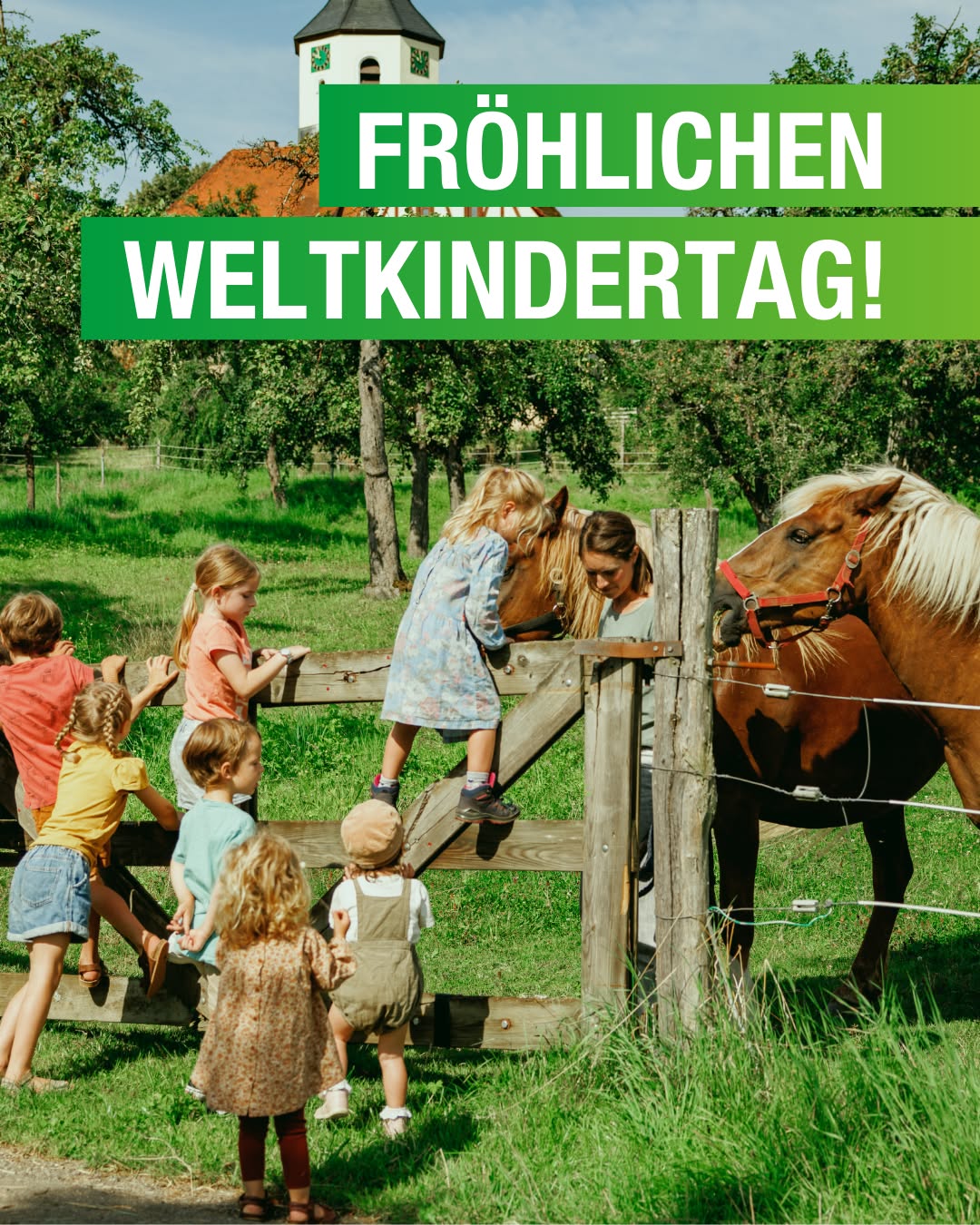 Dieser Alternativtext wurde KI-generiert: Eine Gruppe von Personen steht auf einer grünen Wiese vor einem Pferd an einem Zaun. Im Hintergrund befindet sich ein kleines Gebäude mit einem Turm und eine grüne Texttafel mit Aufschrift.