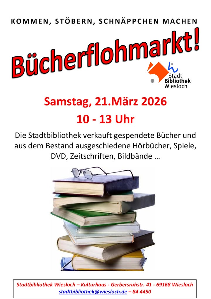 Dieser Alternativtext wurde KI-generiert: Werbeanzeige für einen Bücherflohmarkt mit Datum, Uhrzeit und Ort. Unten ist ein Stapel Bücher abgebildet.