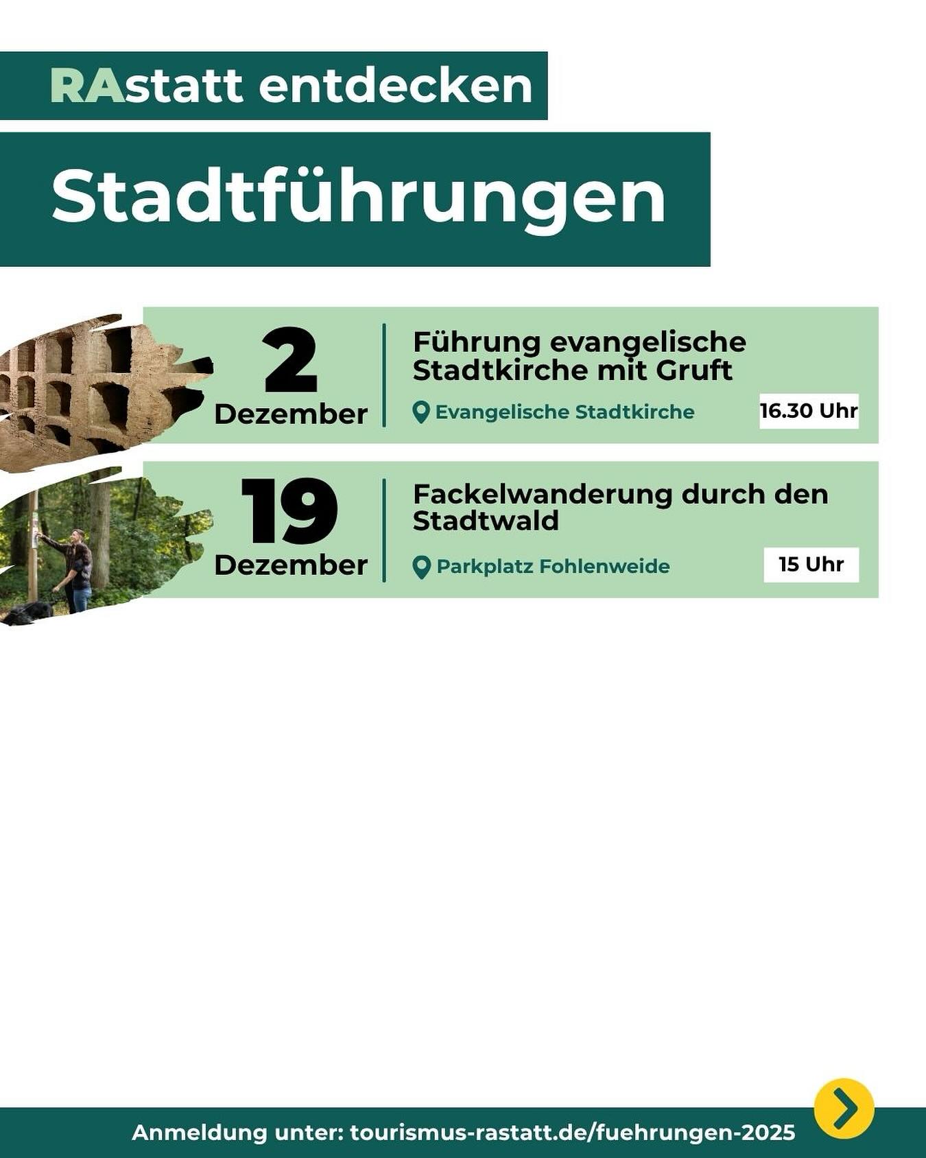 Dieser Alternativtext wurde KI-generiert: Werbeanzeige mit Informationen zu Stadtführungen und einer Fackelwanderung im Dezember. Das Bild zeigt eine Kirche und Bäume, mit Datums- und Uhrzeitangaben für die jeweiligen Veranstaltungen.