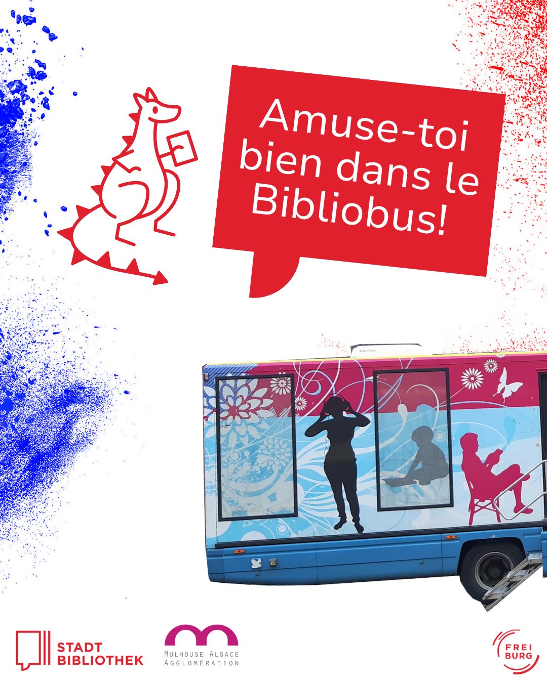 Dieser Alternativtext wurde KI-generiert: Ein farbenfrohes Werbeplakat zeigt einen stilisierten Bus mit floralen Mustern und einer roten Sprechblase mit Text. Im Hintergrund sind blaue Flecken zu sehen und Logos verschiedener Institutionen sind angebracht.