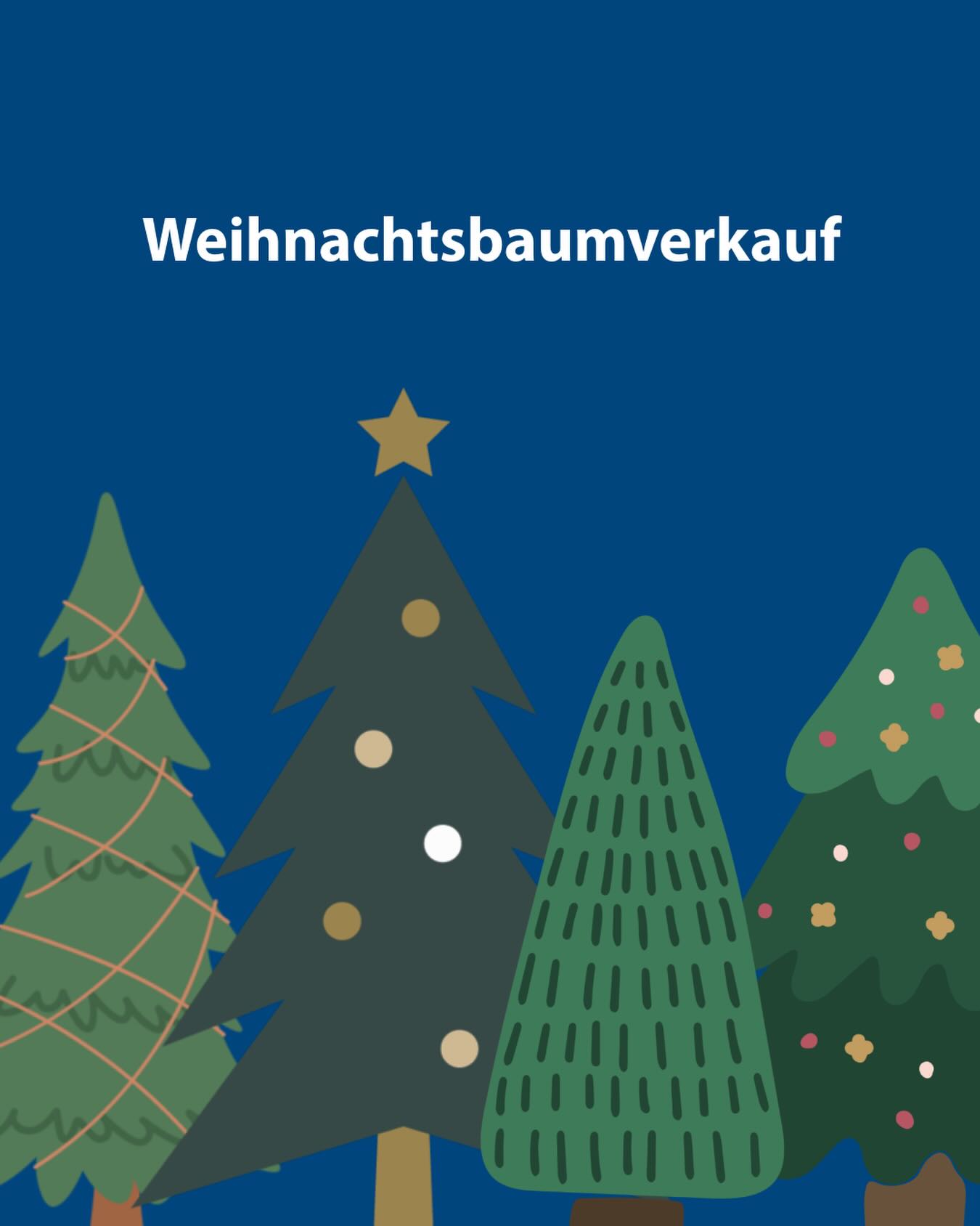 Dieser Alternativtext wurde KI-generiert: Illustration von mehreren Weihnachtsbäumen vor einem dunklen Nachthimmel mit Sternen. Der Text “Weihnachtsbaumverkauf” steht oben im Bild.