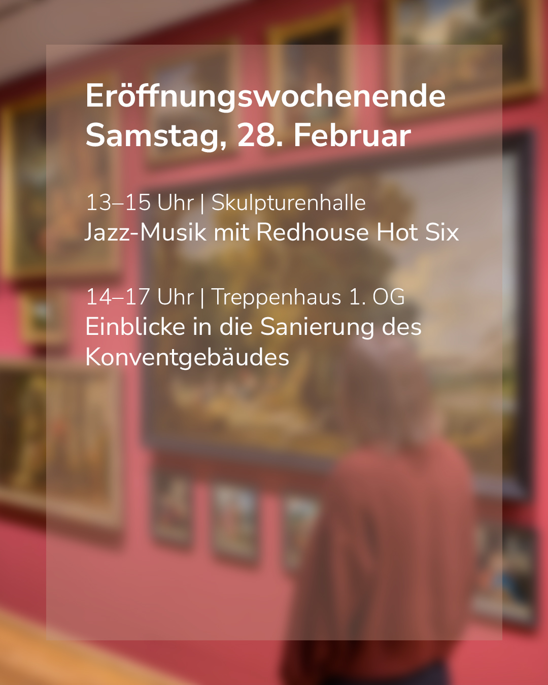 Dieser Alternativtext wurde KI-generiert: Ein verschwommenes Foto zeigt einen Textblock mit Informationen zu Veranstaltungen an einem Wochenende im Februar. Der Hintergrund ist ein unscharfes Bild von roten und goldenen architecturalen Elementen.