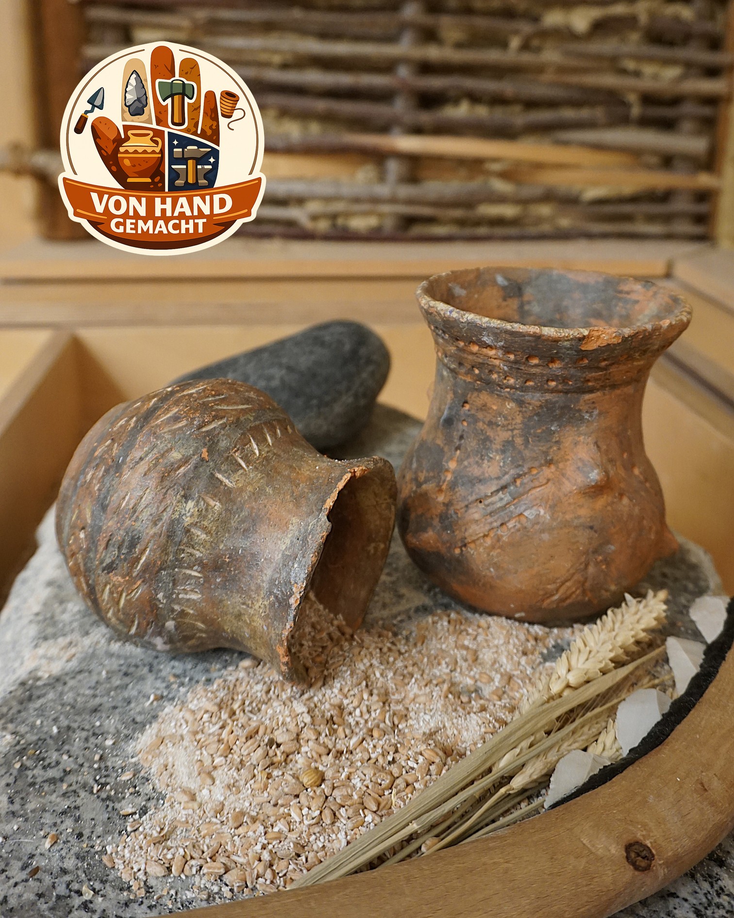 Zwei braune, verzierte Tonkrüge liegen auf einer grauen Steinplatte, einer davon ist zerbrochen. Daneben befindet sich eine Ansammlung von Getreide und Weizenähren. Oben links ist ein Logo mit der Aufschrift „VON HAND GEMACHT“ zu sehen. (KI-Alternativtext)