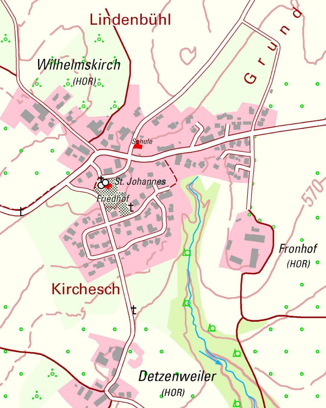 Zu sehen ist eine Topographische Karte mit dem Fronhof.