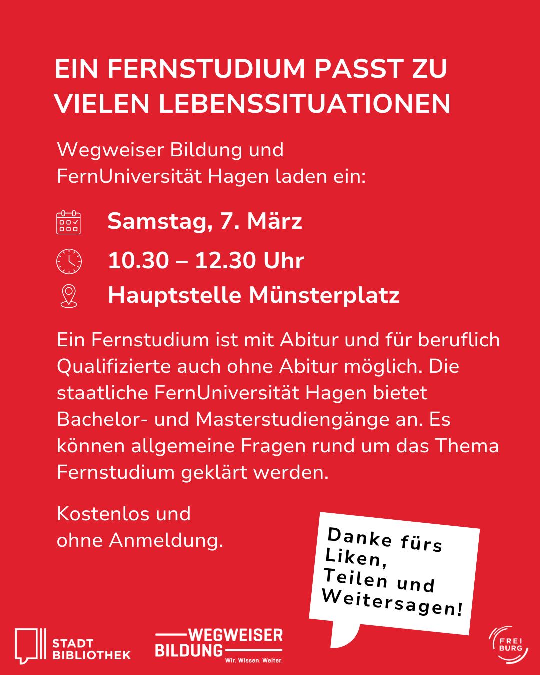 Dieser Alternativtext wurde KI-generiert: Ein farbenfrohes Plakat kündigt eine Informationsveranstaltung zum Thema Fernstudium an. Es werden Datum, Uhrzeit und Ort genannt sowie die Möglichkeit, Fragen zu stellen.