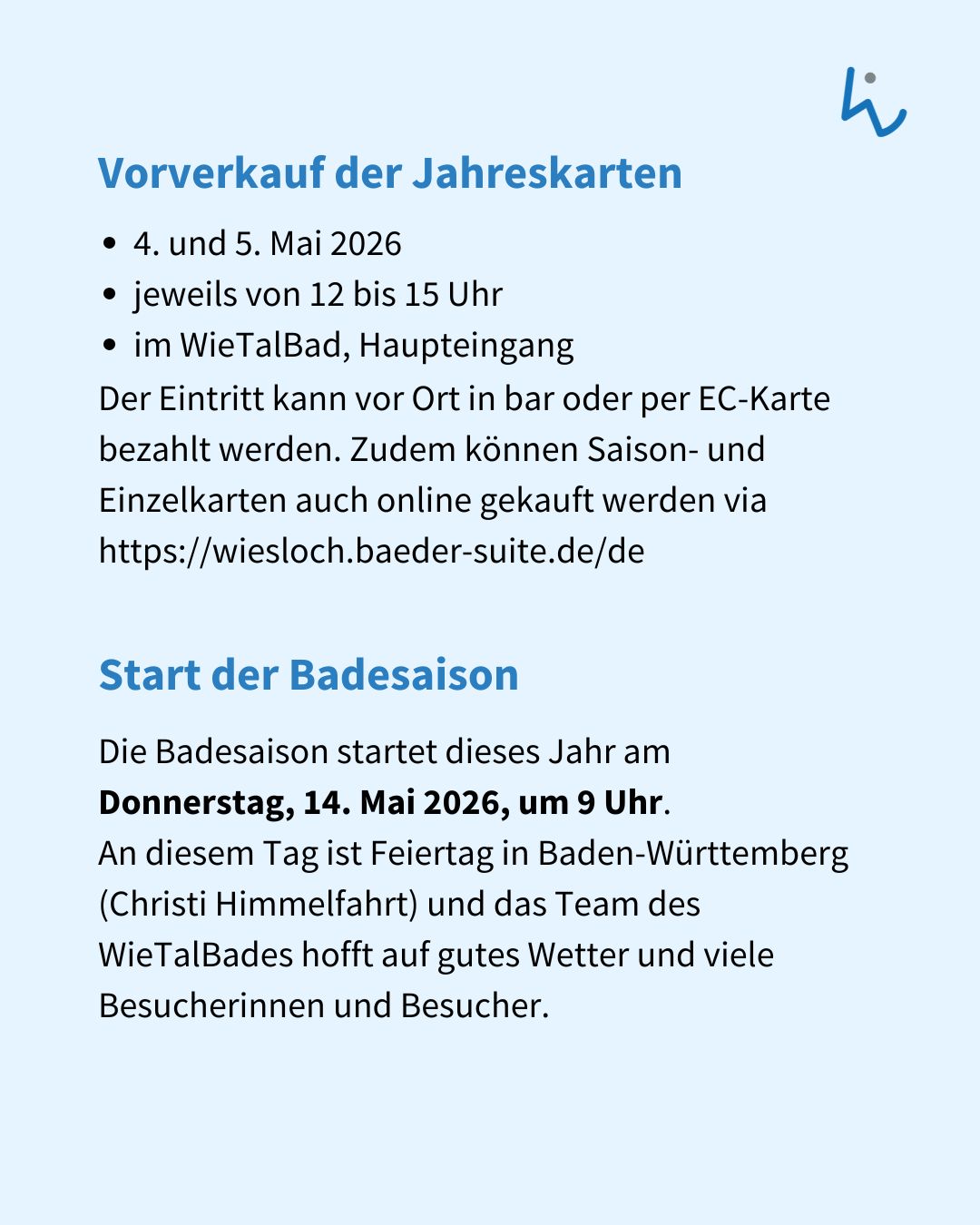 Dieser Alternativtext wurde KI-generiert: Schwarz-weißes Bild mit Textinformationen zu Vorverkäufen von Jahreskarten und dem Start der Badesaison. Der Text beinhaltet Datum, Uhrzeit und Ort sowie Online-Optionen.