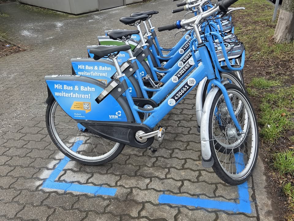 Dieser Alternativtext wurde KI-generiert: Mehrere blaue Fahrräder stehen auf einem gepflasterten Platz. Die Fahrräder tragen Werbeaufkleber für öffentliche Verkehrsmittel.