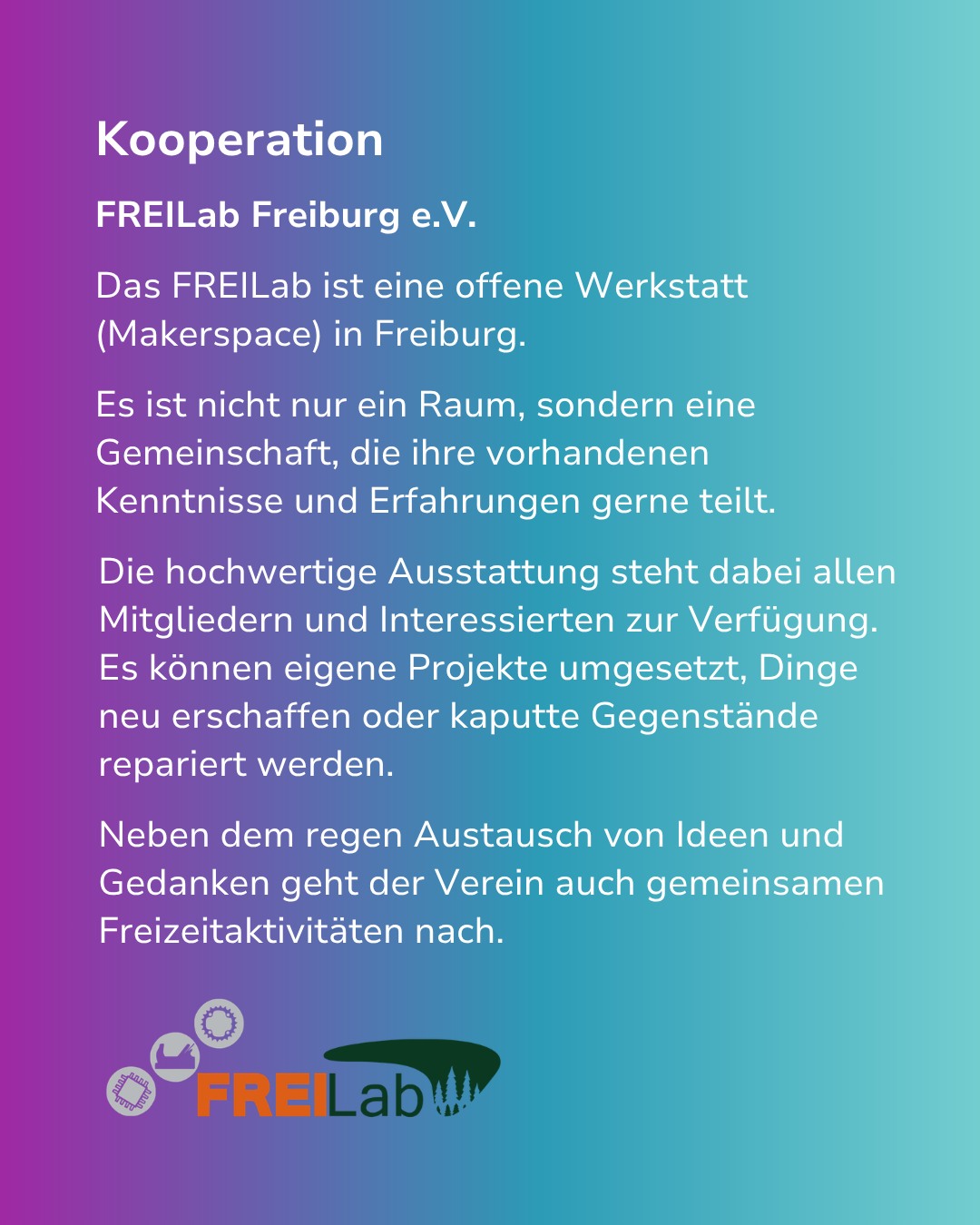 Dieser Alternativtext wurde KI-generiert: Ein farbenfrohes Bild mit Text, der eine offene Werkstatt und deren Angebote beschreibt. Darunter sind Symbole mit dem Logo der Werkstatt zu sehen.