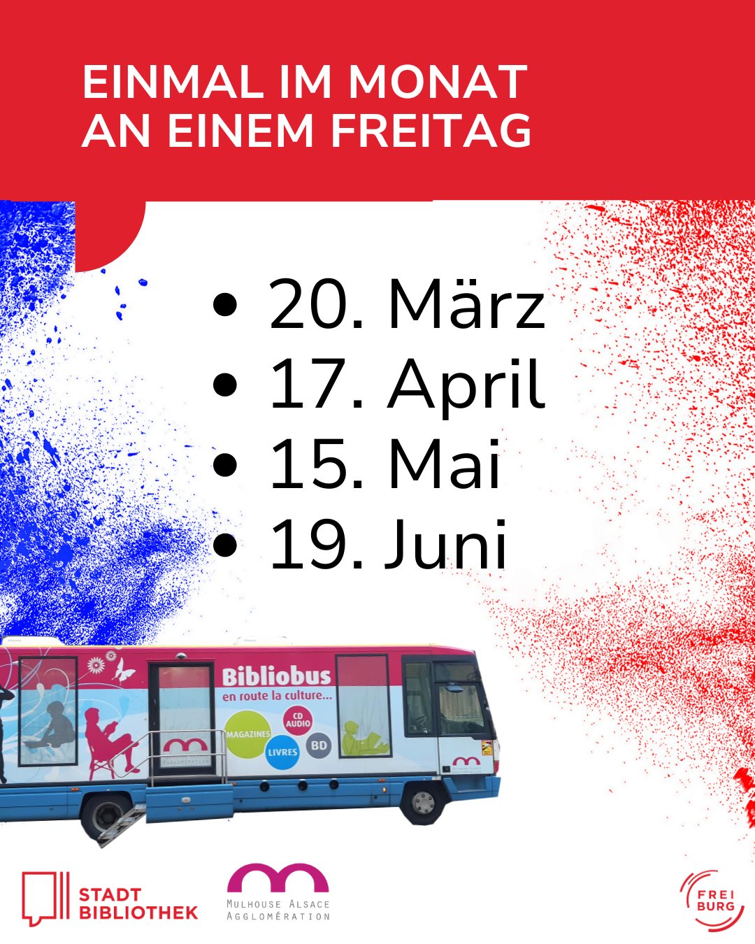 Dieser Alternativtext wurde KI-generiert: Ein farbenfrohes Plakat kündigt Termine an und zeigt unten einen bunten Bus. Das Plakat enthält Text und Logos verschiedener Organisationen.
