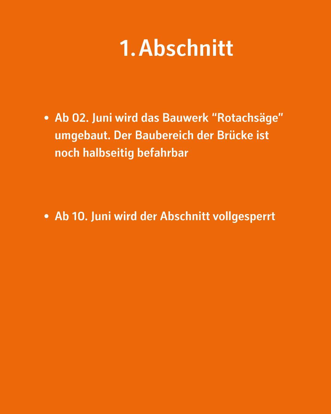 Ein orangefarbenes Dokument mit dem Titel '1. Abschnitt' und Informationen über Baumaßnahmen ab dem 2. und 10. Juni.
