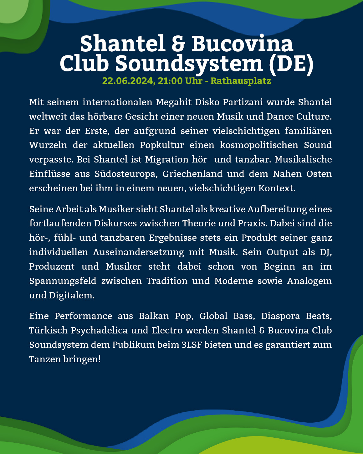 Ein Plakat für eine Musikveranstaltung mit einem Foto von einer leuchtenden, abstrakten Form.  Am unteren Rand des Plakates ist der Titel der Veranstaltung in Farbe geschrieben und eine kurze Textbeschreibung über die Veranstaltung.
