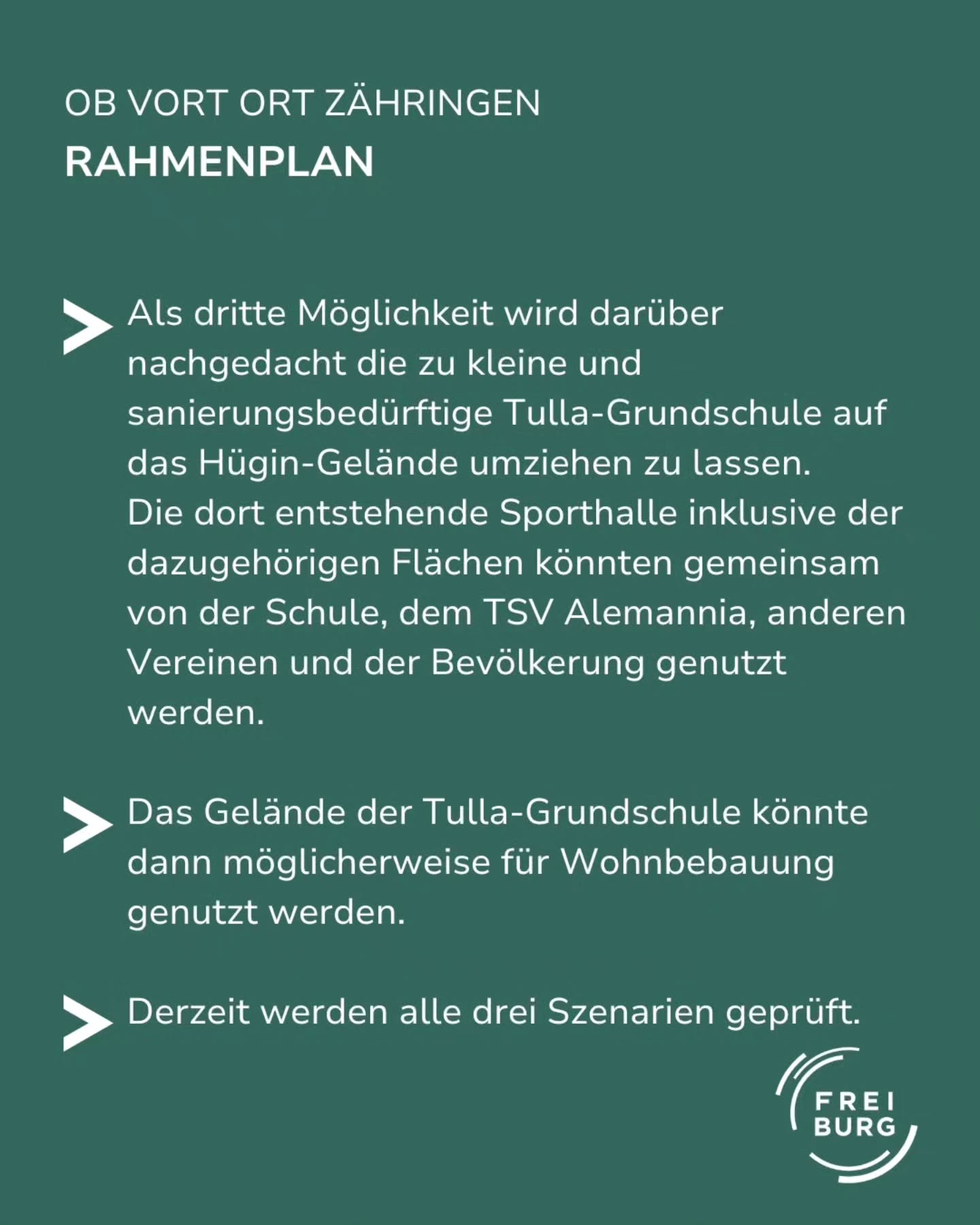 Dieser Alternativtext wurde KI-generiert: Ein Textdokument mit Überschriften und Aufzählungspunkten. Der Text handelt von möglichen zukünftigen Nutzungen eines Geländes, einschließlich Sport und Wohnbebauung.