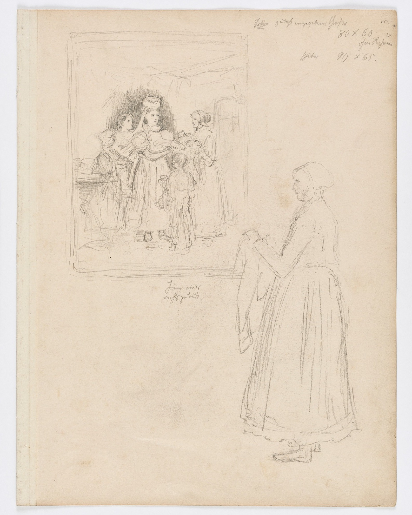 Dieser Alternativtext wurde KI-generiert: Schwarz-weiß Skizze einer Szene mit mehreren Personen in Kleidung des 19. Jahrhunderts. Eine Person steht im Vordergrund, während eine Gruppe interagiert und im Hintergrund zu sehen ist.