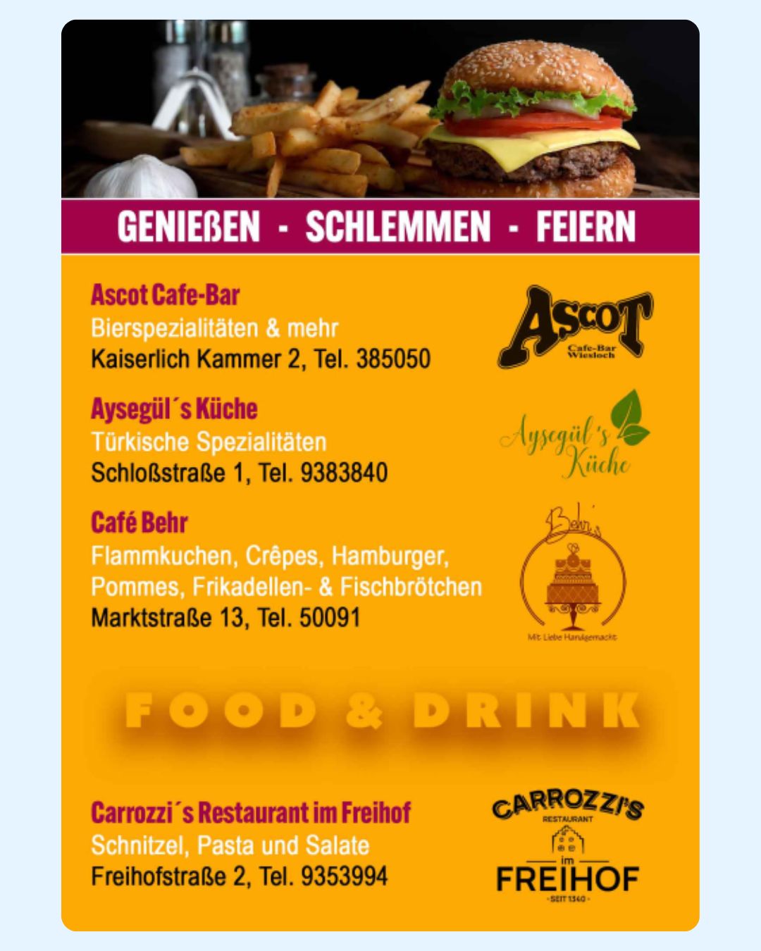Oben ein Burger mit Pommes, darunter eine Liste von vier Gastronomiebetrieben mit Namen, Spezialitäten, Adressen und Telefonnummern sowie jeweiligen Logos auf gelbem Hintergrund. Der Slogan „GENIEßEN - SCHLEMMEN - FEIERN“ steht über den Einträgen. (KI-Alternativtext)