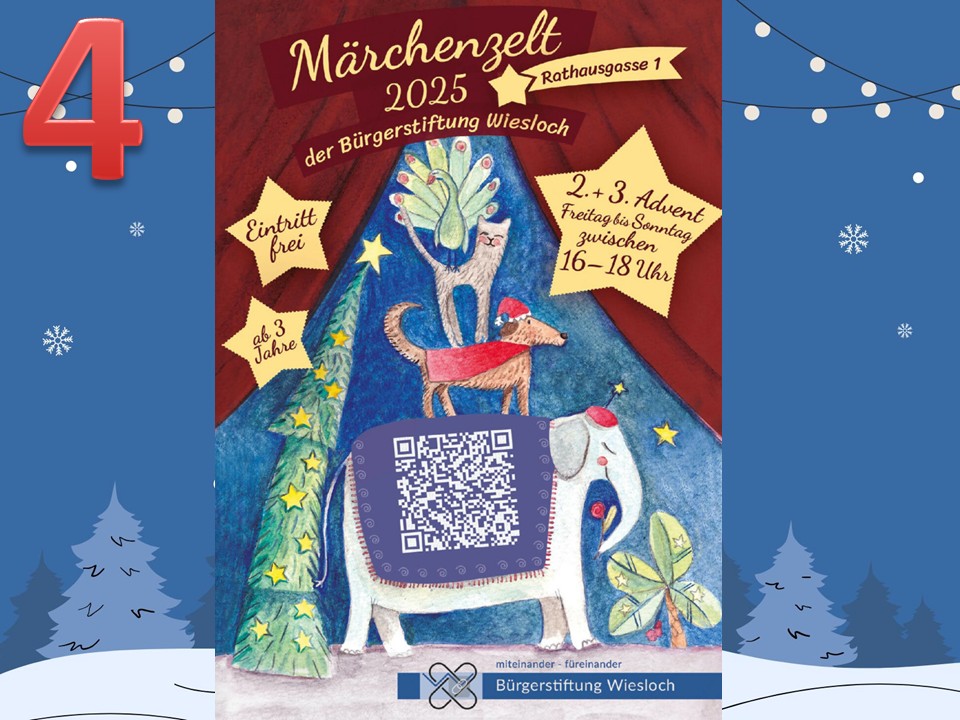 Dieser Alternativtext wurde KI-generiert: Ein festliches Plakat in Aquarelloptik kündigt eine Veranstaltung im Advent an. Es zeigt weihnachtliche Motive wie einen Baum, Rehe und Schneeflocken.