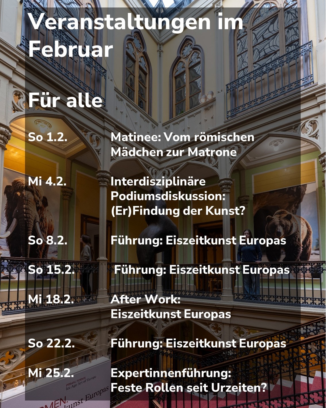 Dieser Alternativtext wurde KI-generiert: Schwarz-weißes Plakat mit Veranstaltungshinweisen für den Februar. Das Plakat zeigt ein architektonisches Detail eines Innenraumes mit einer Treppe.
