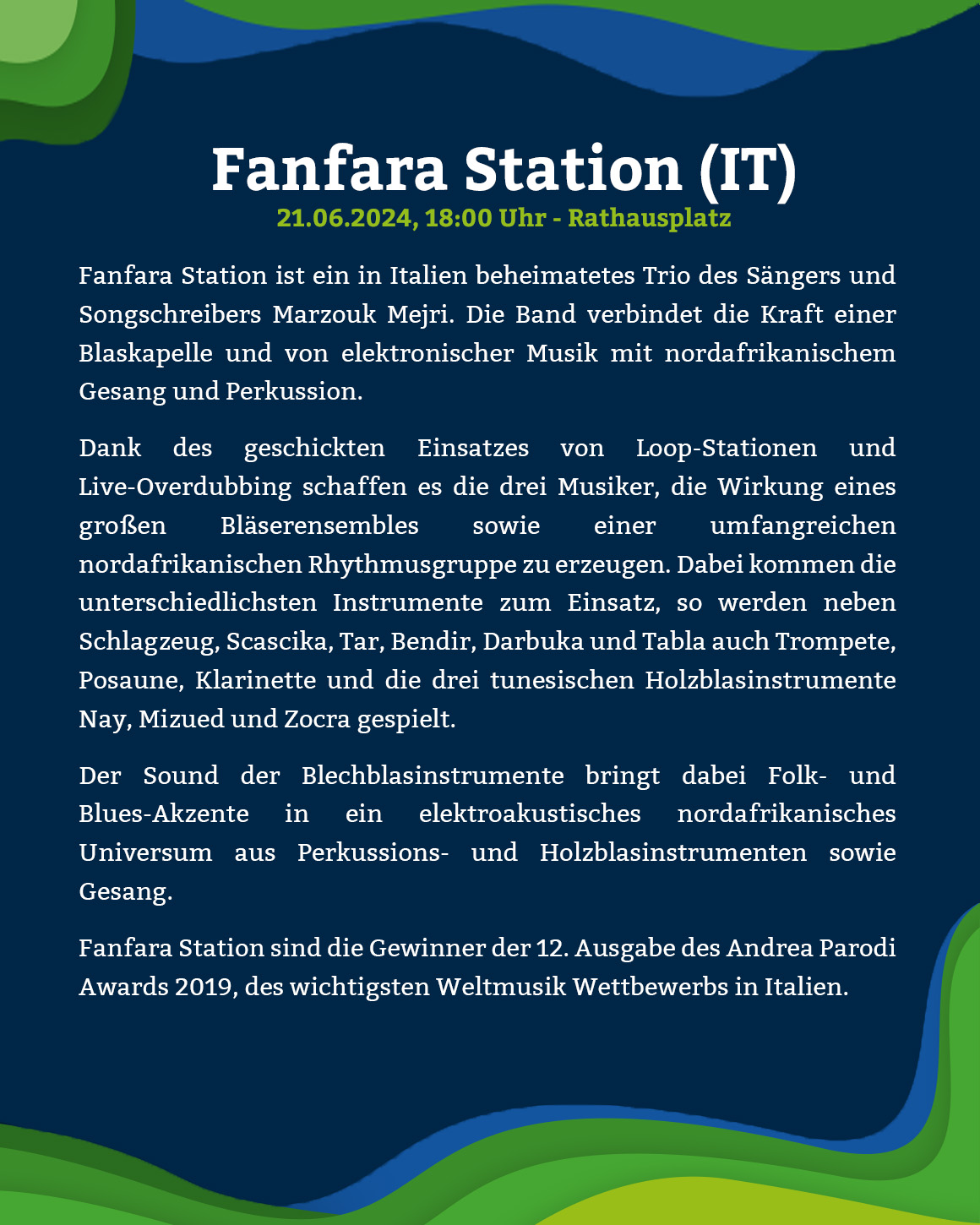  Das Fanfara Station Trio besteht aus drei Musikern, die traditionelle Blasmusik mit nordafrikanischer Musik verbinden. Dank des Einsatzes von Loop-Stationen und Live-Overdubbing erzeugen sie einen vollen, mehrschichtigen Klang.