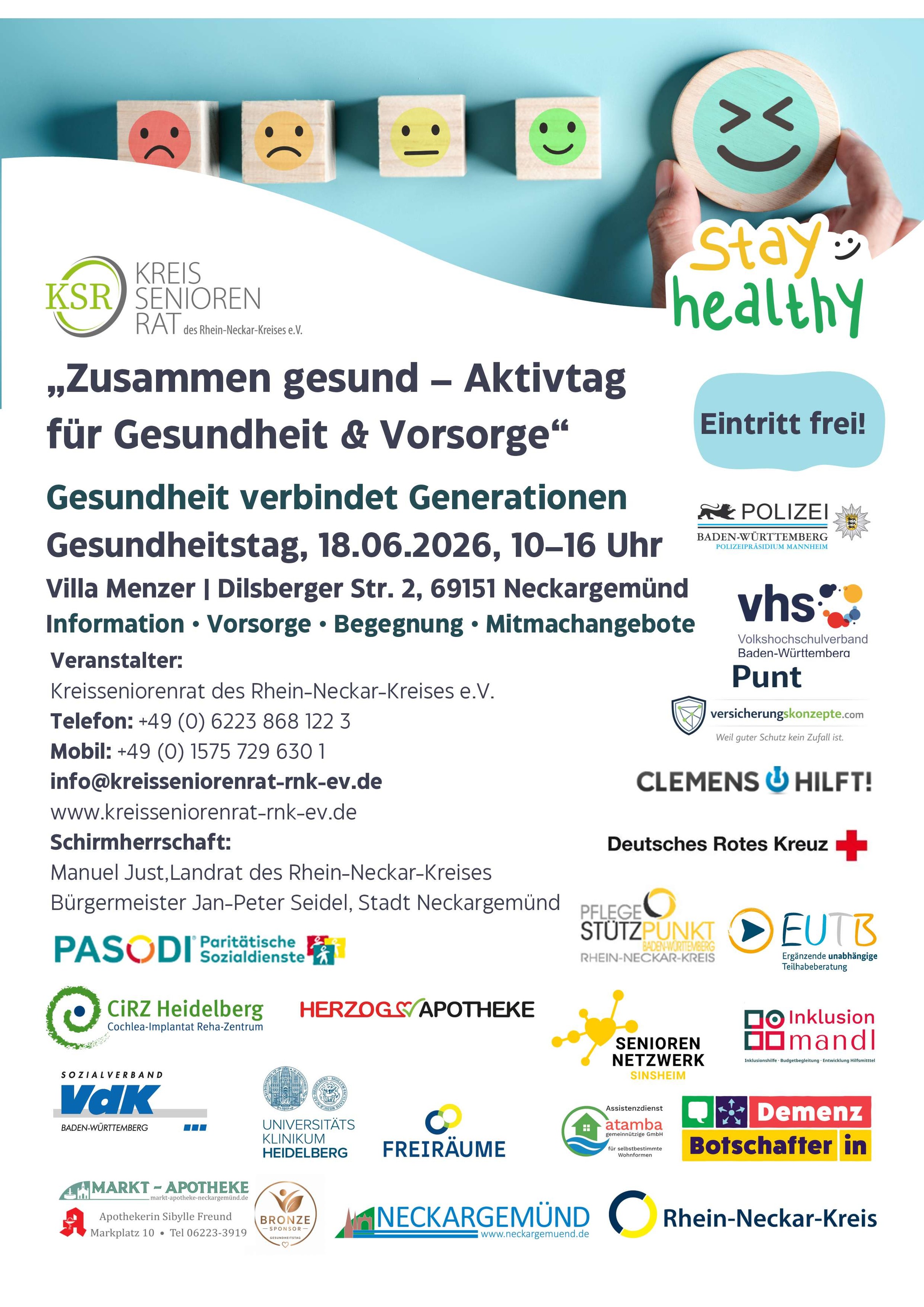 Plakat für den Gesundheitstag „Zusammen gesund – Aktivtag für Gesundheit & Vorsorge“ am 18.06.2026 in Neckargemünd, mit Logos von Veranstalter und Partnern sowie einer Grafik von Holzwürfeln mit Emojis und der Aufschrift „Stay healthy“. Eintritt frei. (KI-Alternativtext)