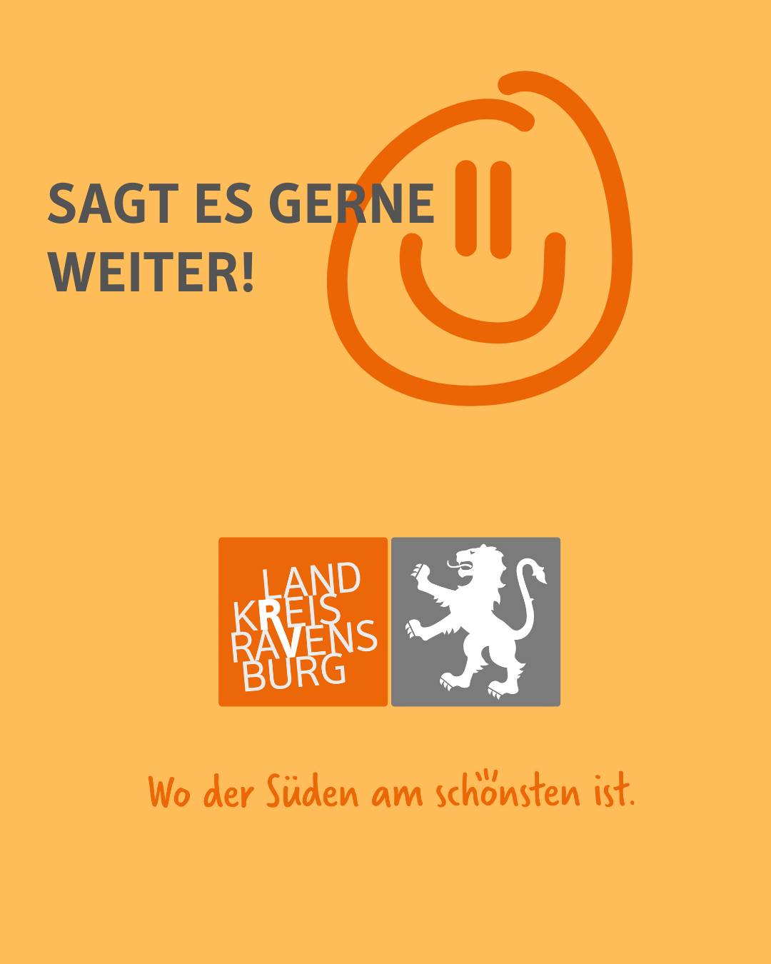 Dieser Alternativtext wurde KI-generiert: Ein orangefarbener Hintergrund mit schwarzem Text und einem stilisierten Smiley-Symbol. Darunter befindet sich ein Logo mit Wappen und einem Slogan.