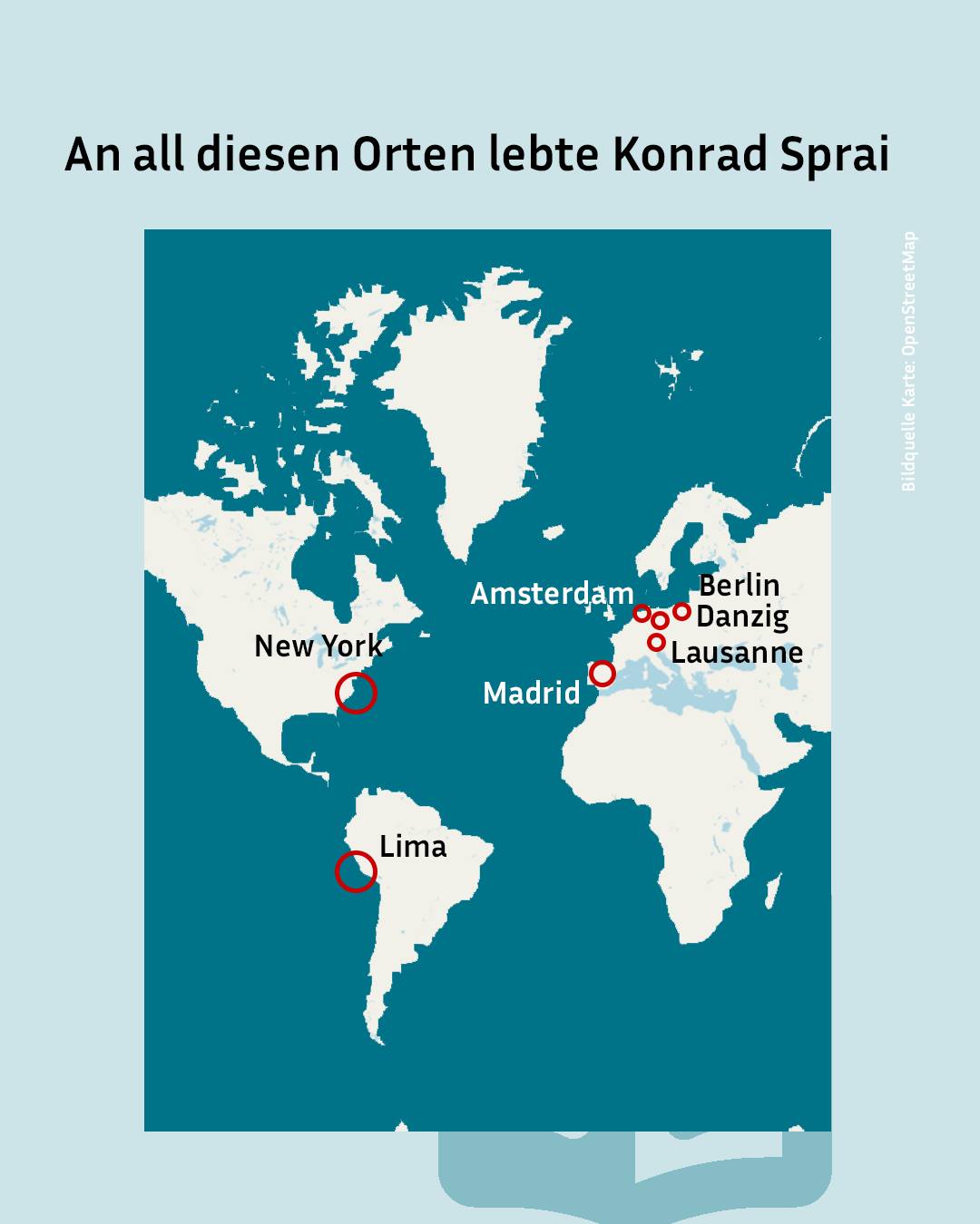 Eine Weltkarte mit der Überschrift "An all diesen Orten lebte Konrad Sprai". Rot markiert sind die Städte New York, Lima, Madrid, Amsterdam, Berlin, Danzig und Lausanne. Rechts verläuft vertikal der Text "Bildquelle Karte: OpenStreetMap". (KI-Alternativtext)