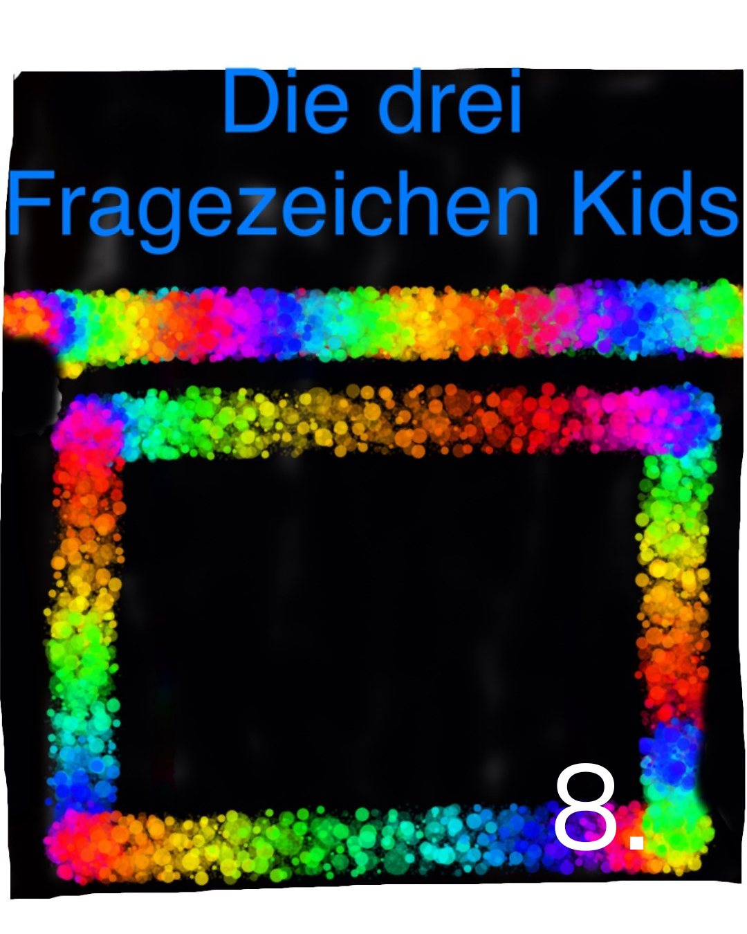 Dieser Alternativtext wurde KI-generiert: Ein farbenfroher Rahmen aus bunten Punkten umgibt eine schwarze Fläche. Blaue Textfragmente sind am oberen und unteren Rand zu sehen.