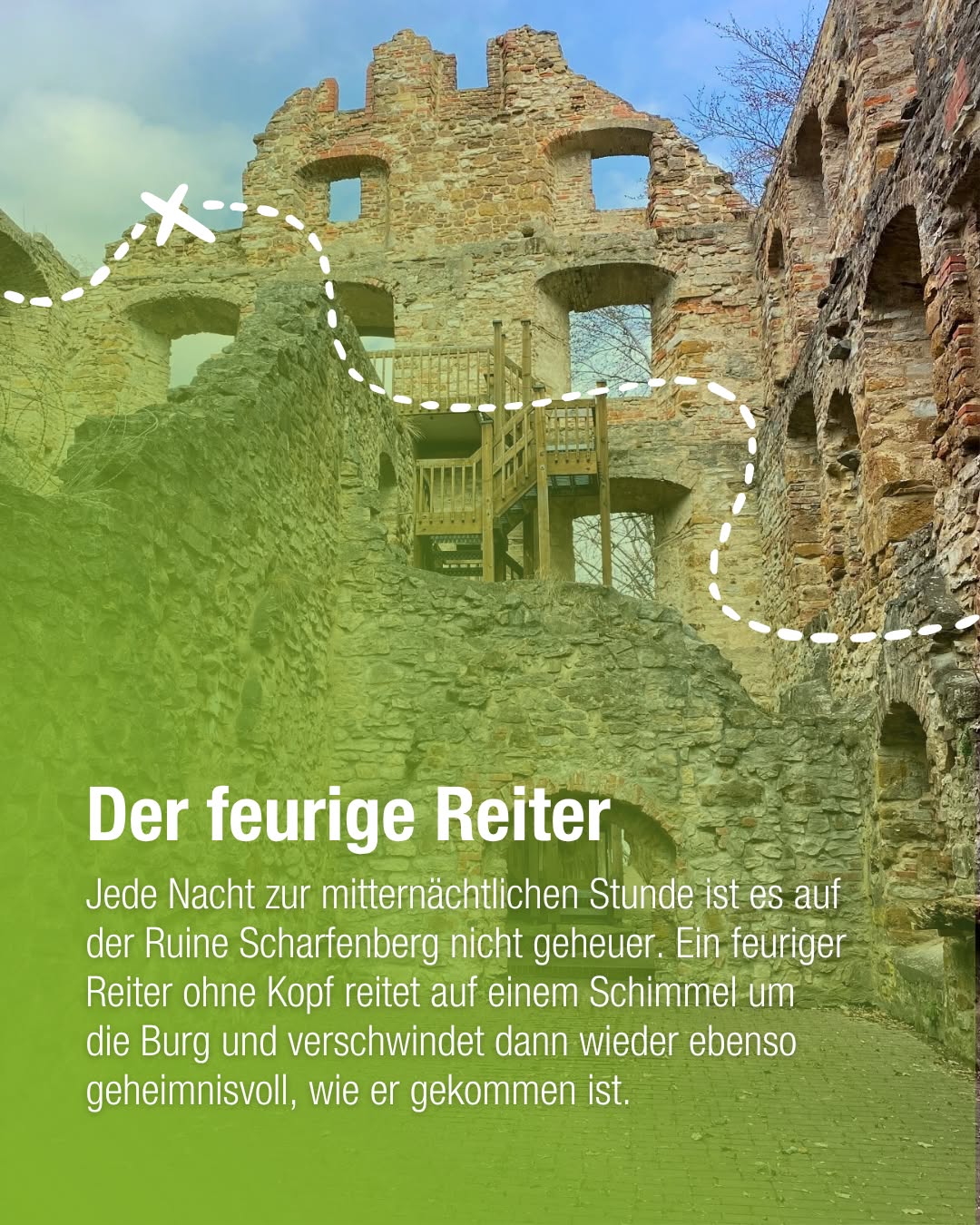 Dieser Alternativtext wurde KI-generiert: Ein Bild einer alten, verfallenen Burgruine auf einem grünen Hügel. Ein Textfeld über dem Bild enthält Informationen über eine lokale Sage.