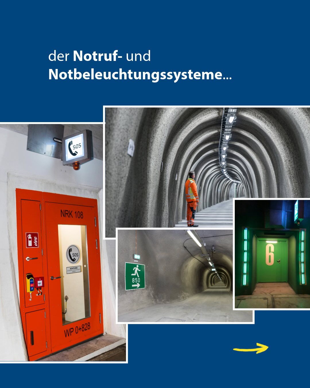 Dieser Alternativtext wurde KI-generiert: Collage zeigt Notrufsysteme und Notbeleuchtung in einem Tunnel. Verschiedene Elemente wie Notrufsäulen, Schilder und Wegebeleuchtung sind zu sehen.