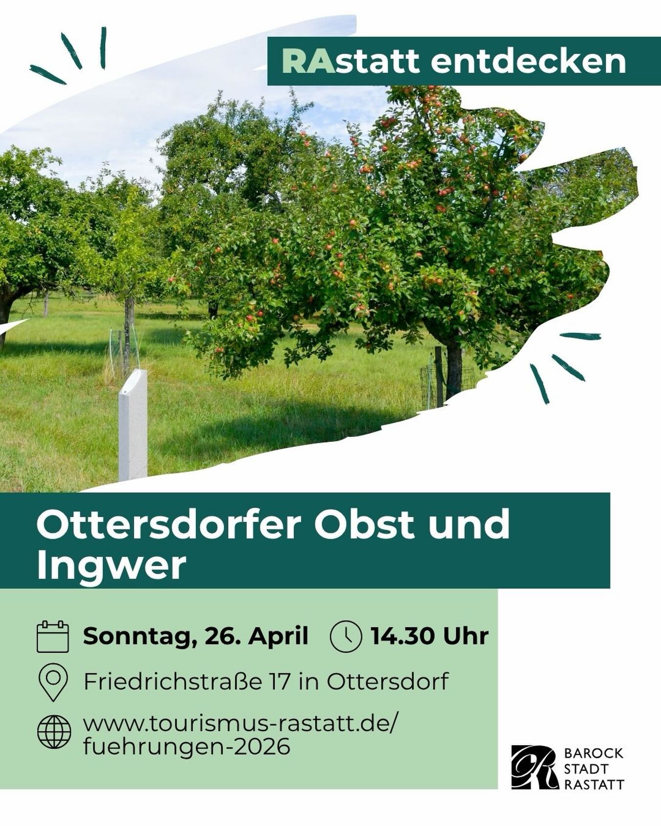 Dieser Alternativtext wurde KI-generiert: Werbematerial mit einem Foto von Obstbäumen und Textinformationen. Das Bild ist farbig und bewirbt eine Veranstaltung rund um Obst und Ingwer.