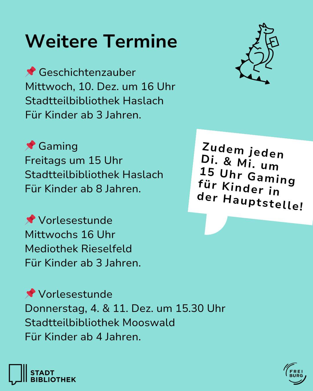 Dieser Alternativtext wurde KI-generiert: Ein Werbeflyer mit Informationen zu verschiedenen Terminen für Kinder in Bibliotheken. Der Flyer ist farbig und enthält Text sowie stilisierte Illustrationen.