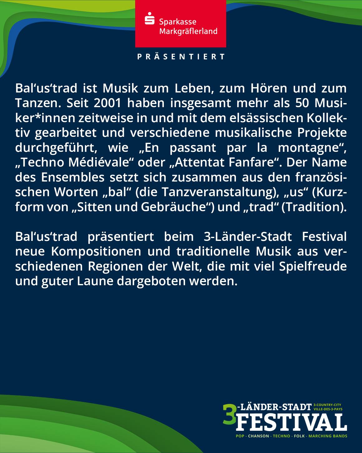 Eine Ankündigung für ein Festival mit dem Namen 3-Länder-Stadt-Festival. Es enthält Text über Musik und Traditionen.