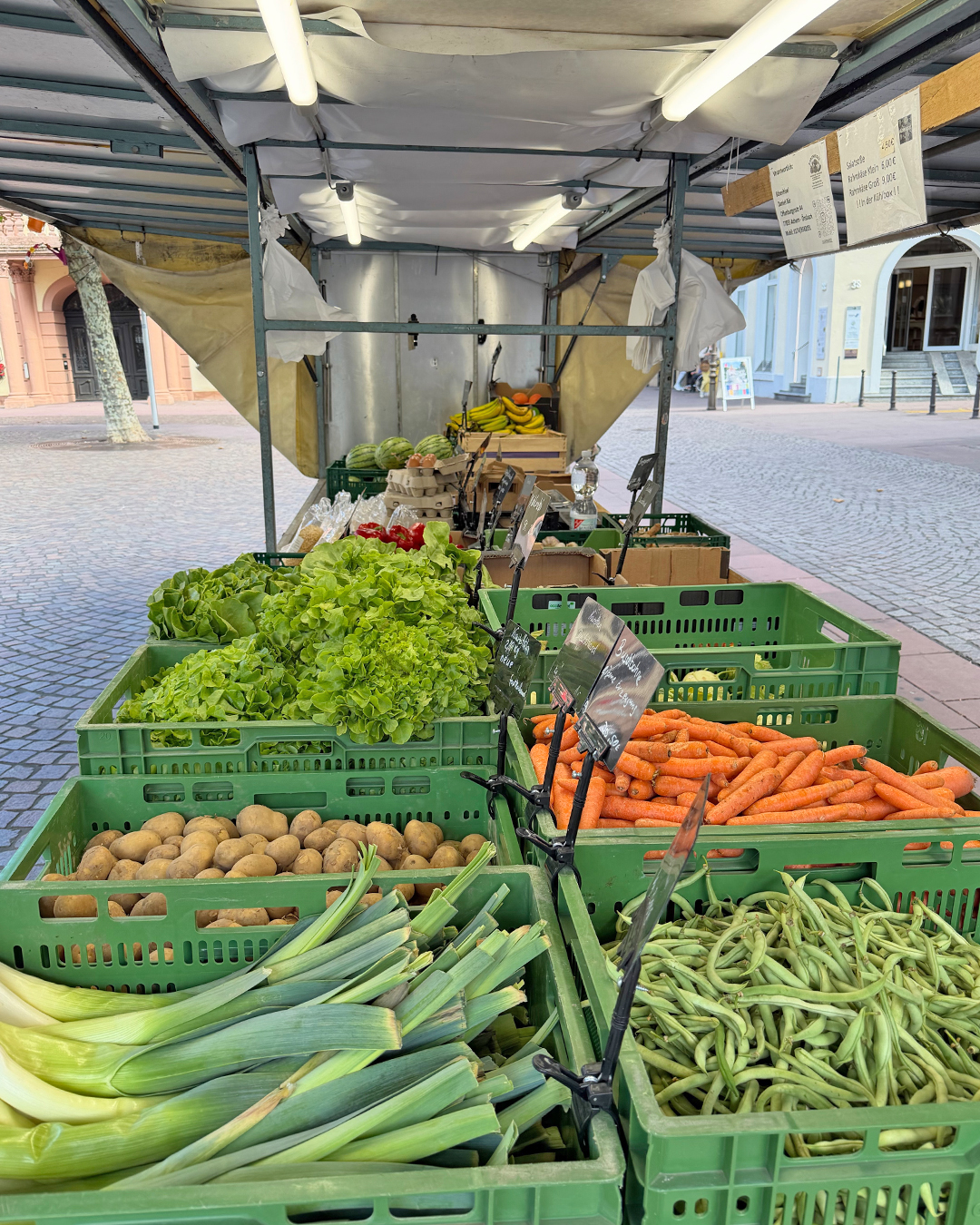 Ein Gemüsestand unter einem weißen Zelt präsentiert frisches Obst und Gemüse in grünen Kisten. Im Vordergrund liegen Lauch, grüne Bohnen, Kartoffeln, Karotten und Salat. Im Hintergrund sind weitere Kisten mit Wassermelonen und Bananen zu sehen. (KI-Alternativtext)