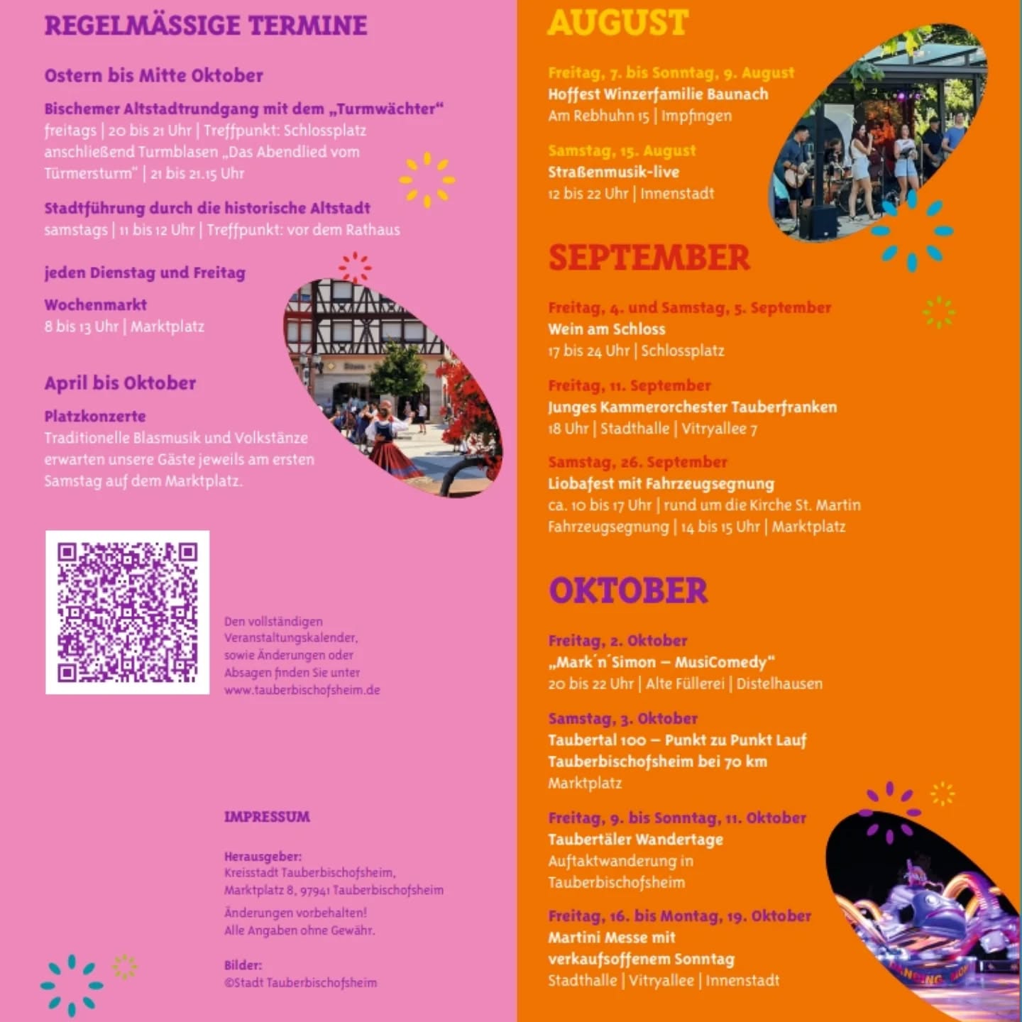 Dieser Alternativtext wurde KI-generiert: Ein farbiges Plakat zeigt Veranstaltungshinweise für die Monate August bis Oktober. Es enthält Informationen zu Terminen, Orten und Veranstaltungsarten wie Musik und Märkten.