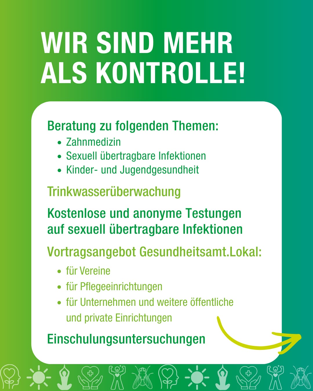Dieser Alternativtext wurde KI-generiert: Ein farbenfrohes Werbeplakat mit Text und kleinen Illustrationen. Es werden Beratungsangebote zu verschiedenen Gesundheitsthemen aufgelistet.