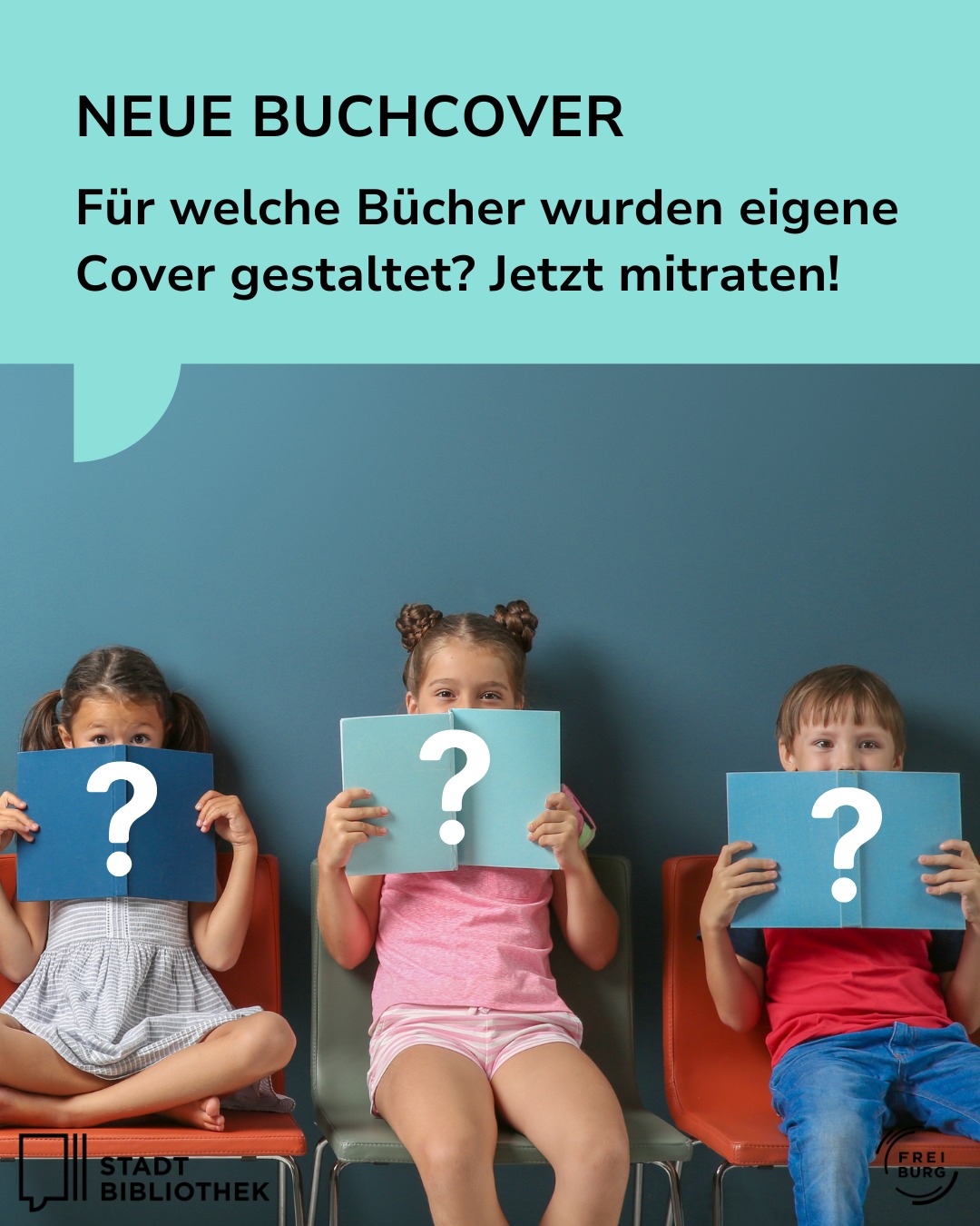 Dieser Alternativtext wurde KI-generiert: Farbige Illustration mit mehreren Personen, die Fragezeichen vor ihre Gesichter halten. Der Hintergrund ist in verschiedenen Blautönen gehalten und enthält Text sowie Logos.