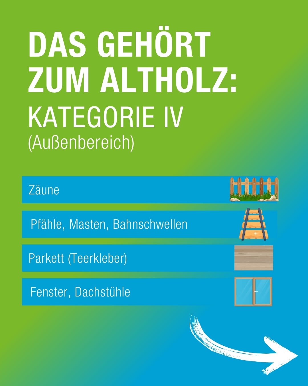 Eine farbige Grafik listet Kategorien von Baumaterialien auf, darunter Zäune, Pfosten und Fenster. Eine Pfeilspitze zeigt nach rechts.