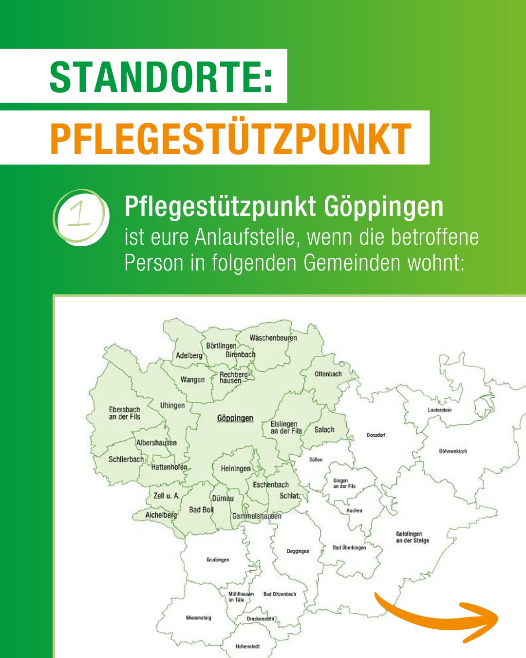 Dieser Alternativtext wurde KI-generiert: Eine Grafik zeigt eine Karte mit verschiedenen Orten und einer farbigen Hervorhebung. Der Text oben lautet "PFLEGESTÜTZPUNKT" und nennt einen Standort.