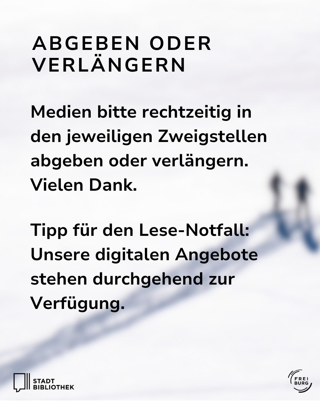 Dieser Alternativtext wurde KI-generiert: Schwarz-weißer Hintergrund mit Text und einer blauen Darstellung einer geöffneten Hand, die ein Buch hält. Der Text informiert über die Abgabe oder Verlängerung von Medien und weist auf digitale Angebote hin.