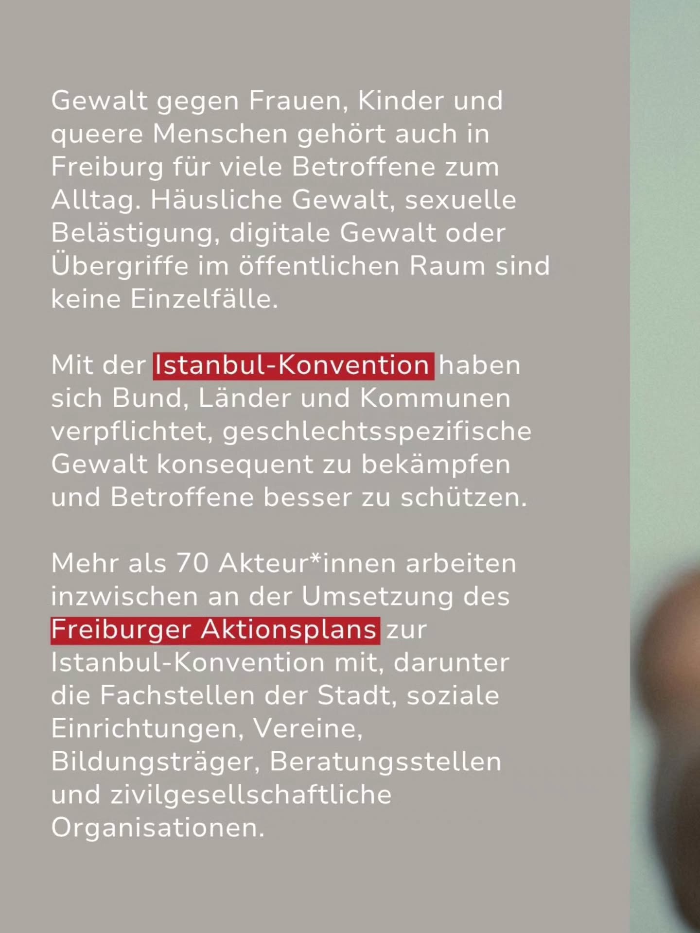 Text auf grauem Hintergrund mit roten Hervorhebungen: Gewalt gegen Frauen, Kinder und queere Menschen gehört in Freiburg zum Alltag. Mit der Istanbul-Konvention und dem Freiburger Aktionsplan haben sich Bund, Länder und Kommunen verpflichtet, geschlechtsspezifische Gewalt zu bekämpfen. Mehr als 70 Akteur*innen arbeiten an der Umsetzung. (KI-Alternativtext)